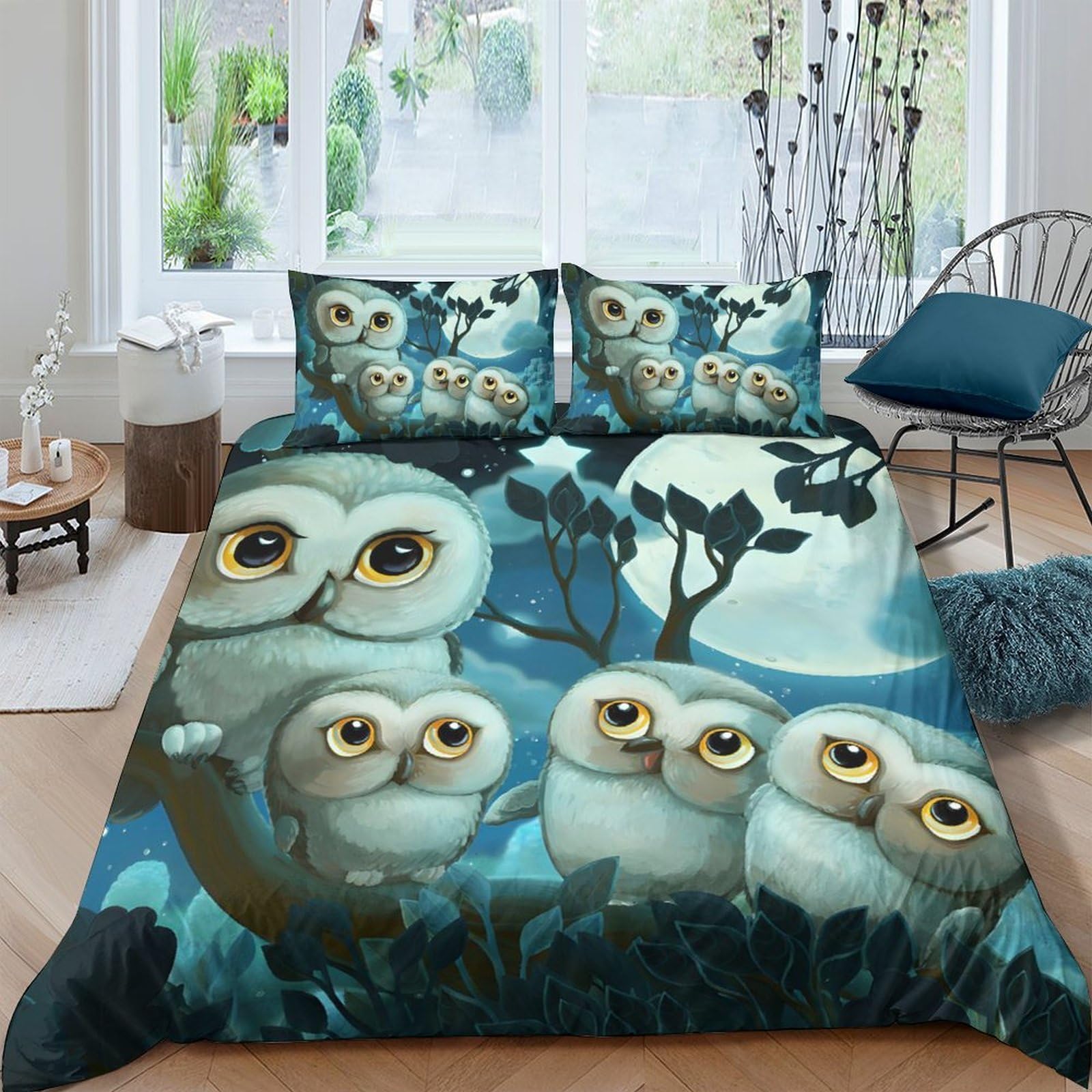 Ctjqhvkz Style-10 3D Printed Night Owl Fitted Sheet Microfiber Soft Forest Moon Mattress Cover Bedroom Dorm Protector Decor Single（135X200cm）