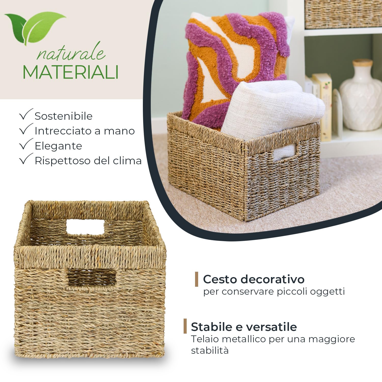 HMF Cesto portaoggetti compatibile con libreria Billy, Cesto intrecciato in alghe marine con tre manici | Set da 4 | 35 x 25 x 20 cm | Naturale