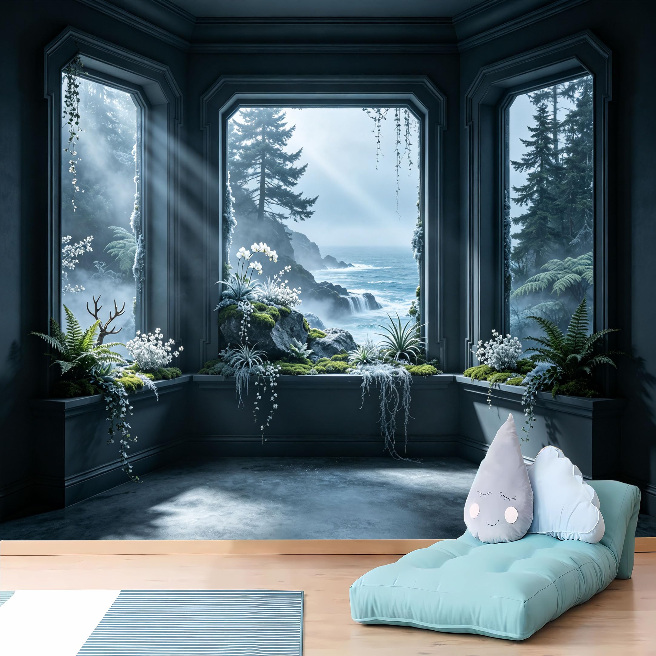 Custom Size Wall Murals,Misty Ocean View from Dark Corner Window Wall Murals,Vivid,Self-Adhesive Removable Wallpaper for Living Room