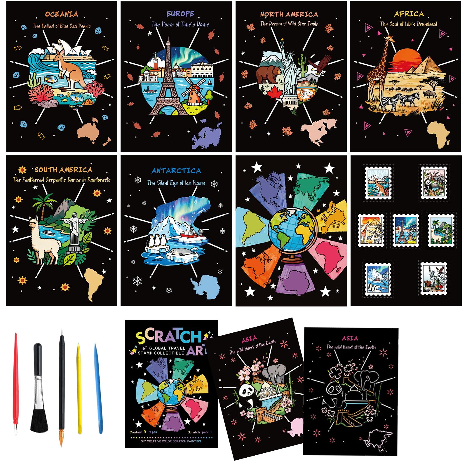 9-Piece Travel Scratch Art Collection, Black and Gold Artwork Sheets, 18.5 x 13.5 cm Scratch-Off Cards-image-8
