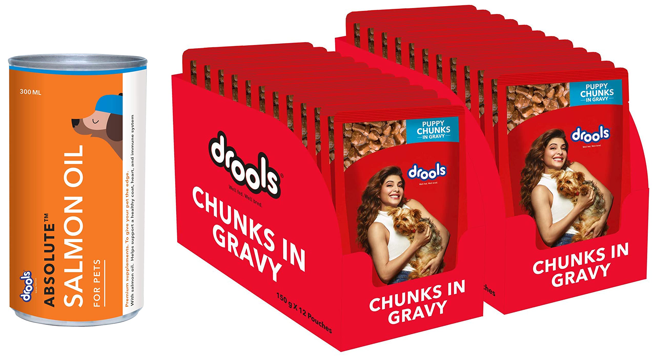 Drools Absolute Salmon Oil Syrup- Dog Supplement, 300ml & Puppy Wet Dog Food, Real Chicken and Chicken Liver Chunks in Gravy, 24 Pouches (24 x 150g) (B09VH8JDTQ) Amazon Price History, Amazon Price Tracker