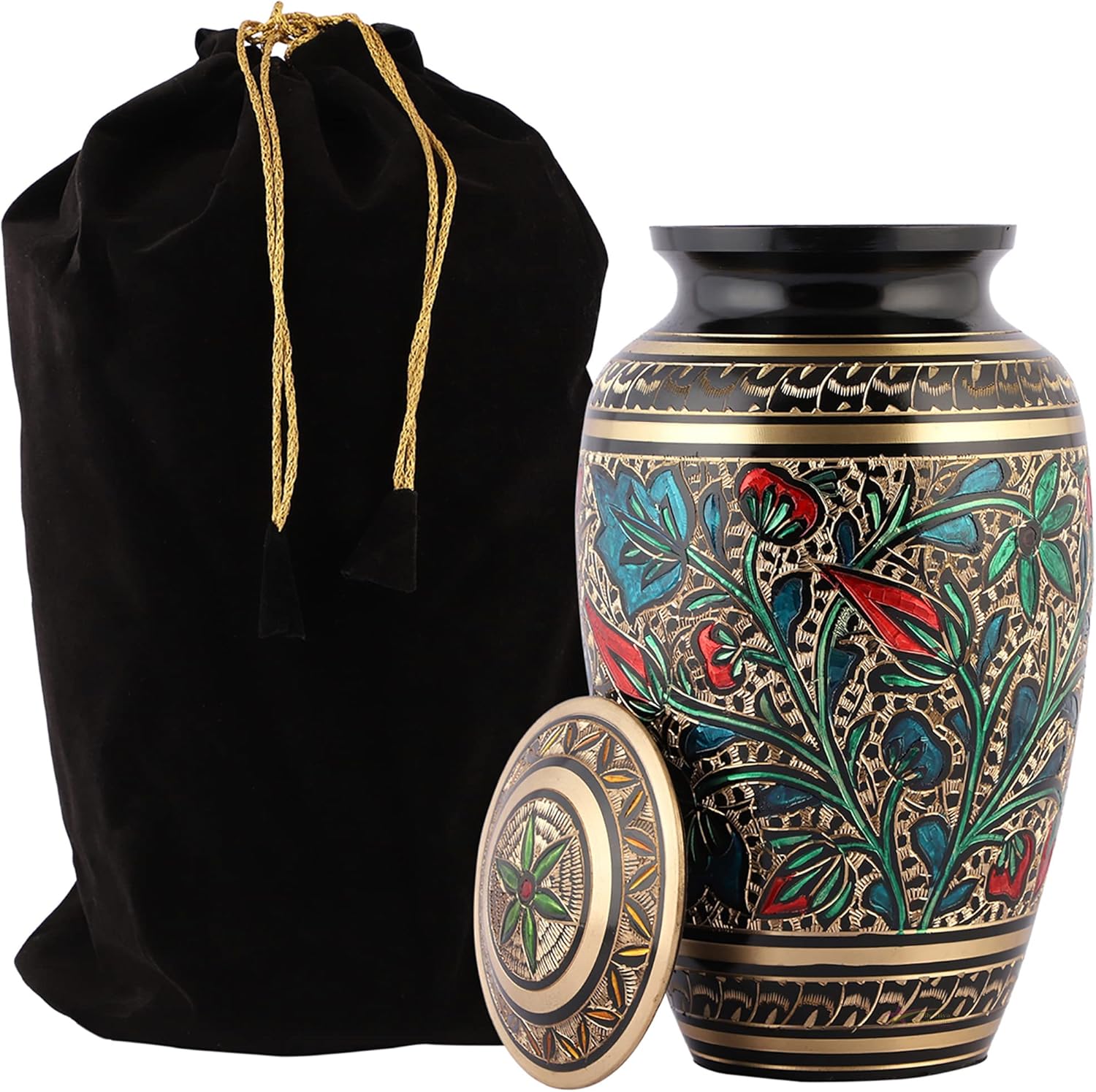 Brass Urns for Human Ashes, Adult Size Handcrafted Cremation Funeral Burial Urns with Velvet Bag - Protective Coating (Floral)