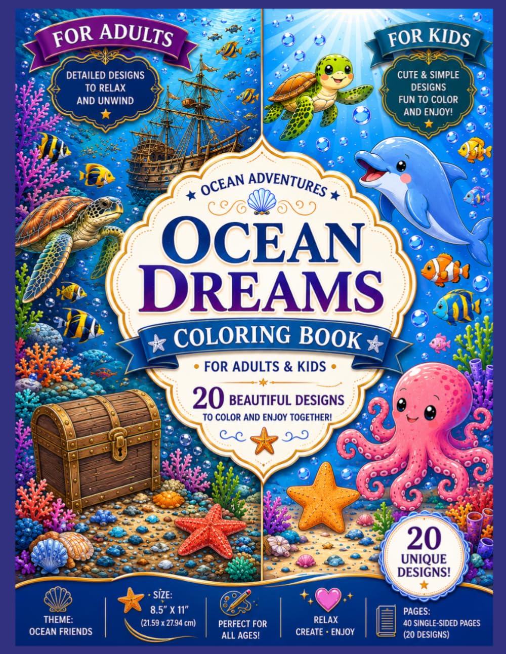Ocean Dreams Coloring Book for Adults & Kids: A Relaxing Coloring Book for Adults & Kids Featuring Cute Ocean Animals, Sea Creatures, and Fantasy Underwater Worlds