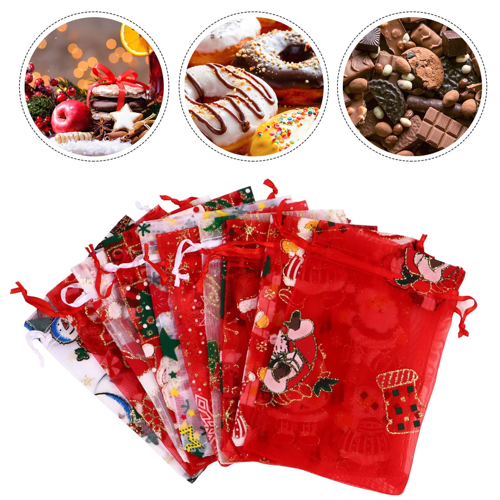 SHOWERORO Bolsas de Organza para Regalos Navideños 50 Unidades 10X15 CM con Cordón Cierre Mezcla 3 Diseños de Copos de Nieve Estrellas Papá Noel y Renos Bolsa para Dulces y Decoración