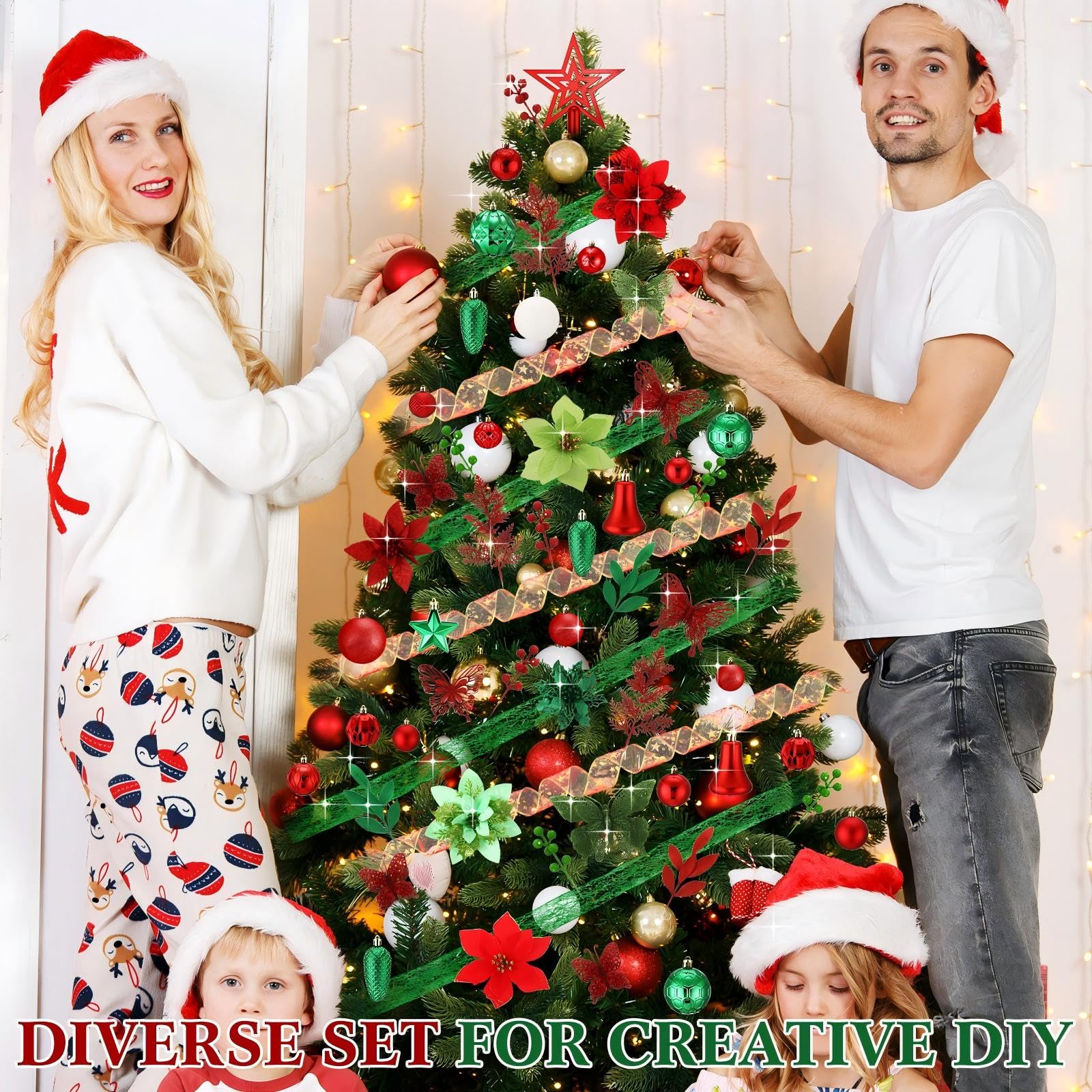 XunYee Lot de 143 décorations à suspendre pour sapin de Noël – Boules incassables – Flocon de neige, papillon, poinsettia, fleurs et baies – Rubans pour décoration de fête (rouge, vert, blanc)
