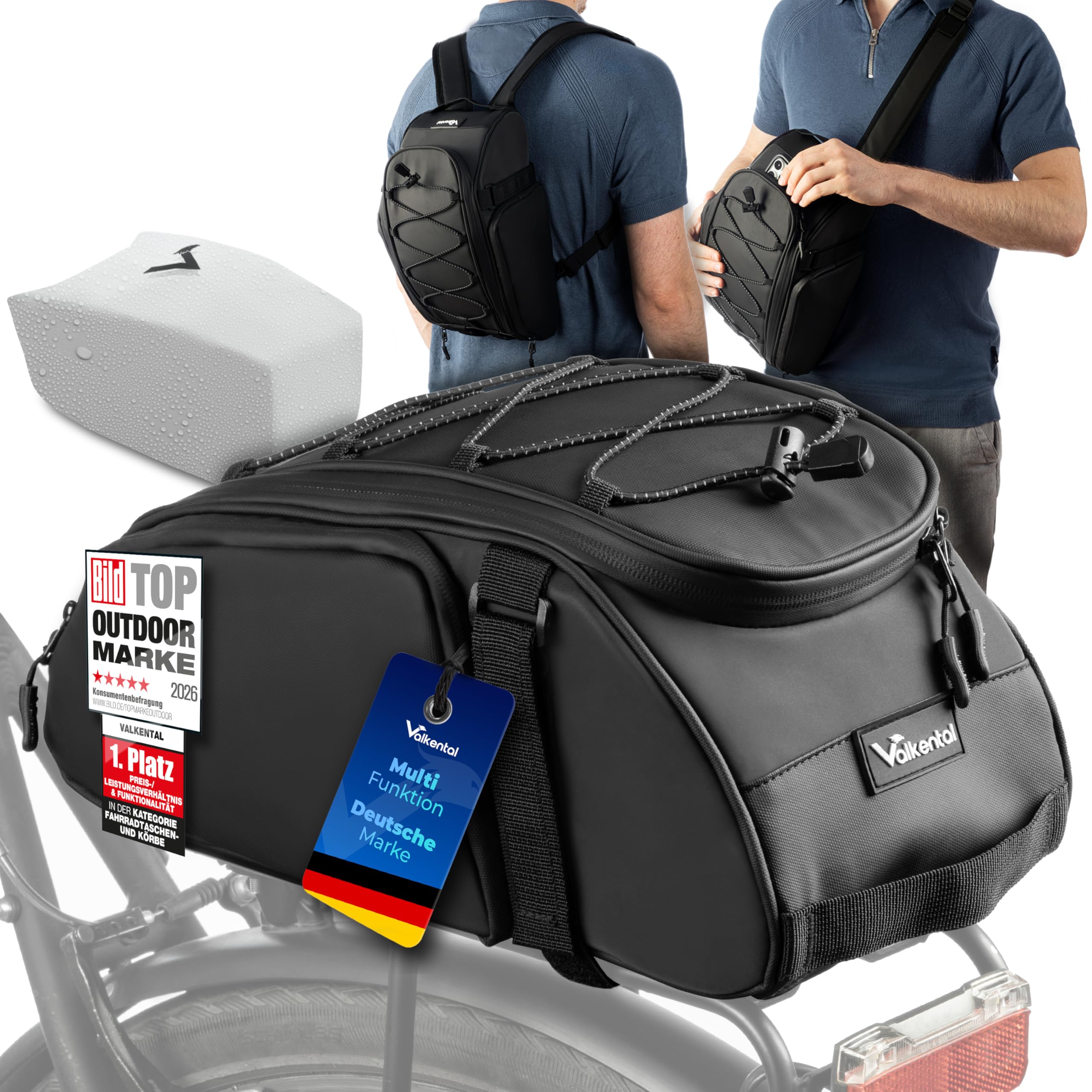 Valkental 3in1 Fahrradtasche 10-14L mit Rucksackfunktion | 3in1 Nutzung als Rucksack, 10-14L Volumen, zahlreiche Fächer, wasserfest & reflektierend, mit Tragegriff