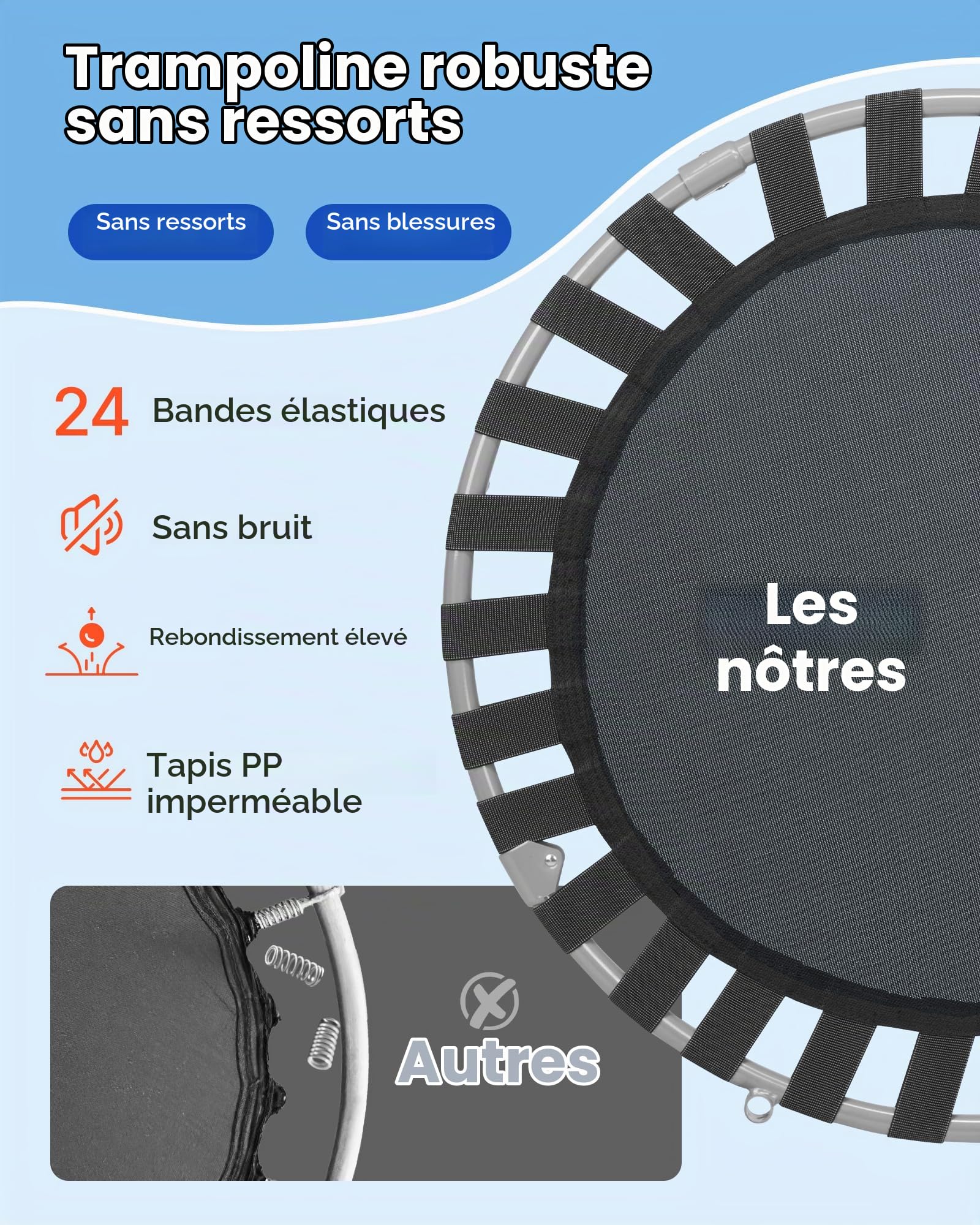 VEVOR Mini Trampoline Pliable pour Enfant, 955 x 750 mm, Fitness rebounder pour Tout-Petits avec poignée, Cadeau d'anniversaire pour Enfants de 3 Ans et Plus, garçons et Filles pour s'amuser, Bleu
