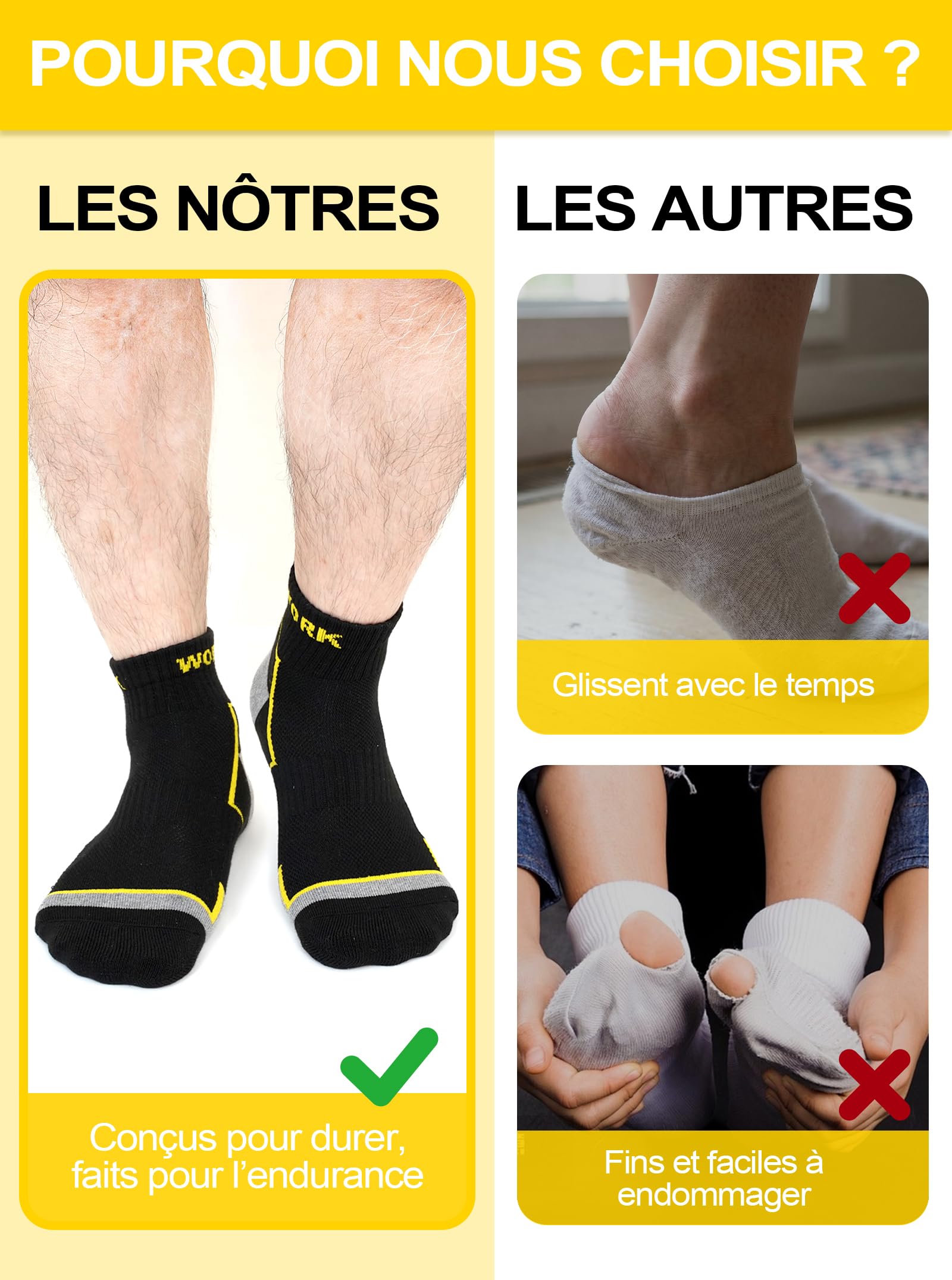 Chaussettes Travail Homme Femme: Chaussettes Anti Ampoule Respirantes Renforcées Talon & Pointe Sans Couture Rembourrées Avec Semelle Acolchonée Pour Chaussure de Sécurité Construction Sport
