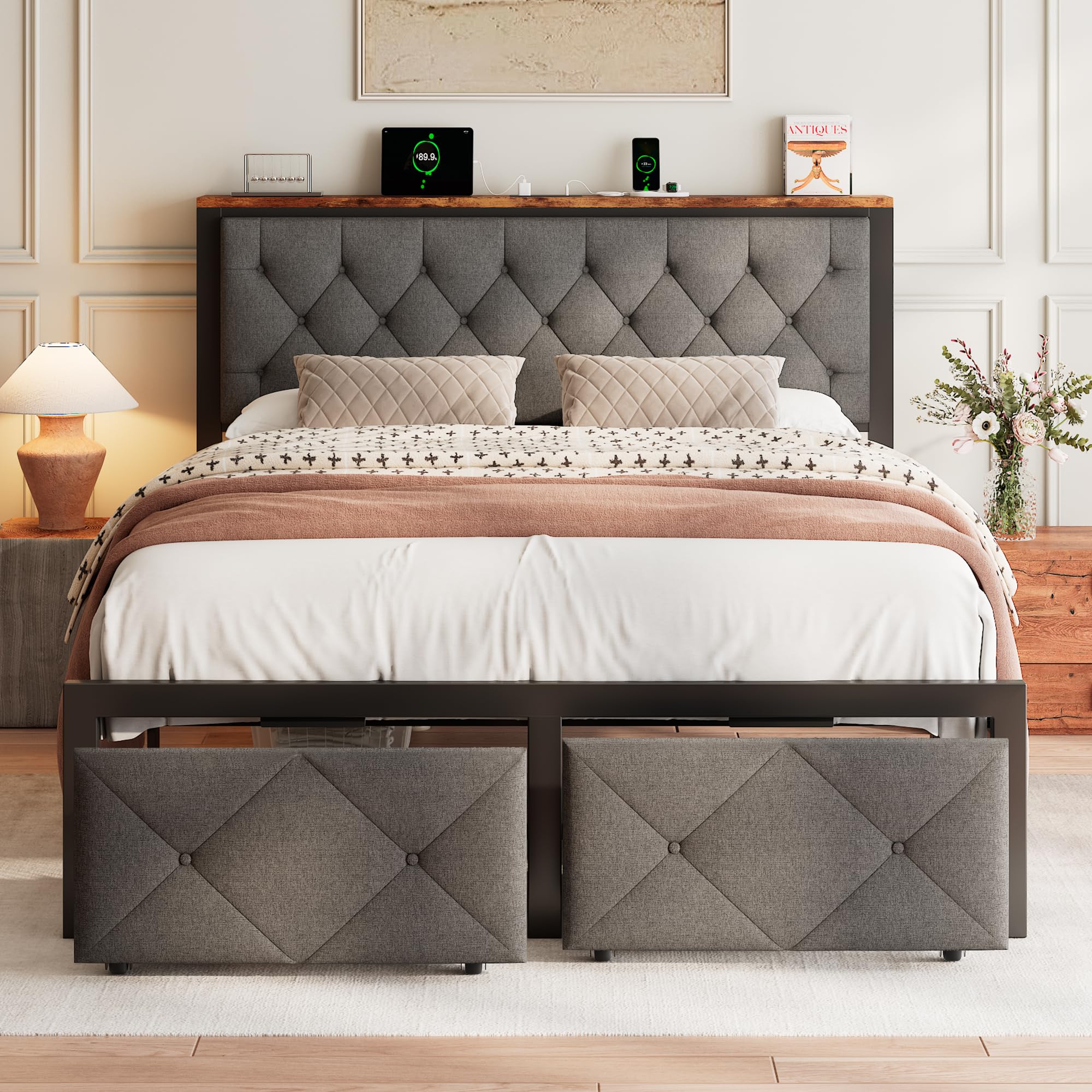Feonase Full Size Metal Bed Frame with 2 Storage Drawers, Storage Headboard with Charging Station, Platform Bed Upholstered Button Tufted, Steel Slats