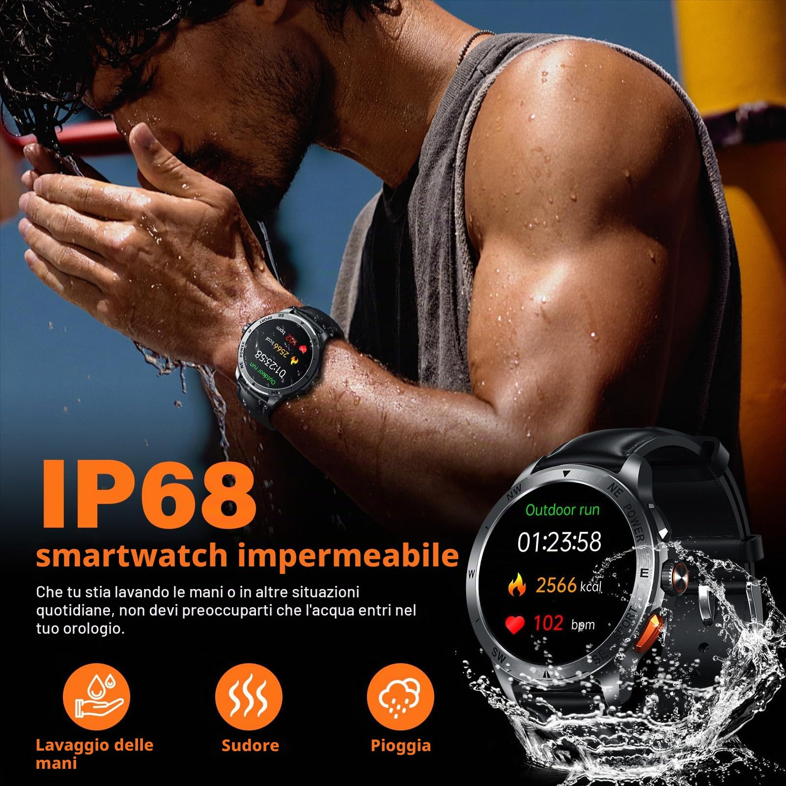 Smartwatch Uomo con ET/HRV/SIRI, 1,43" AMOLED con Chiamate Bluetooth Militare Orologio Intelligente Fitness/24H Cardiofrequenzimetro SPO2/100+ Modalità Sport/IP68Impermeabile /Sonno/per iOS Android