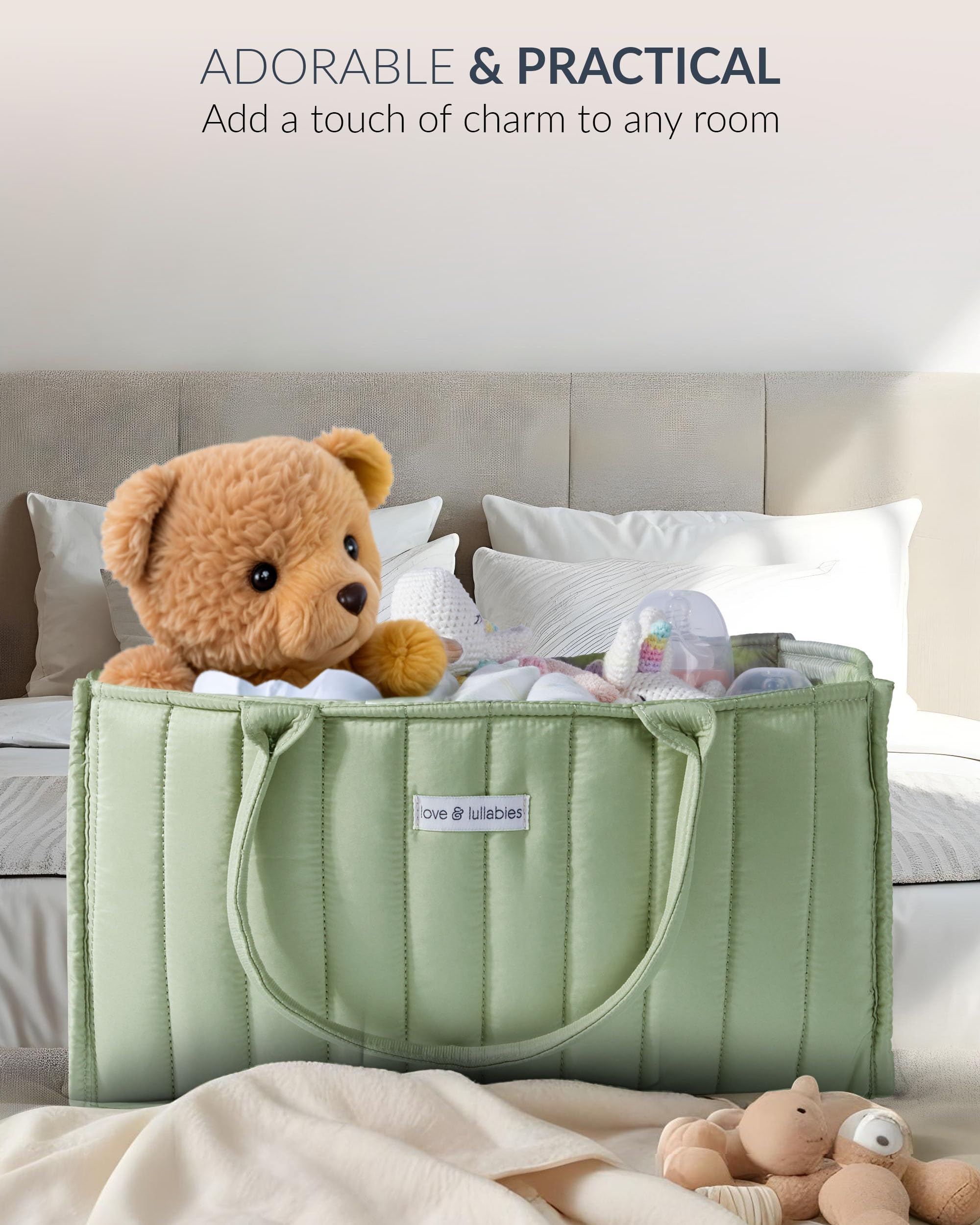 love & lullabies Organizer per pannolini, elegante cestino trapuntato per il cambio del bambino, essenziale per neonati, cestino per baby shower, organizer per future mamme (verde salvia)