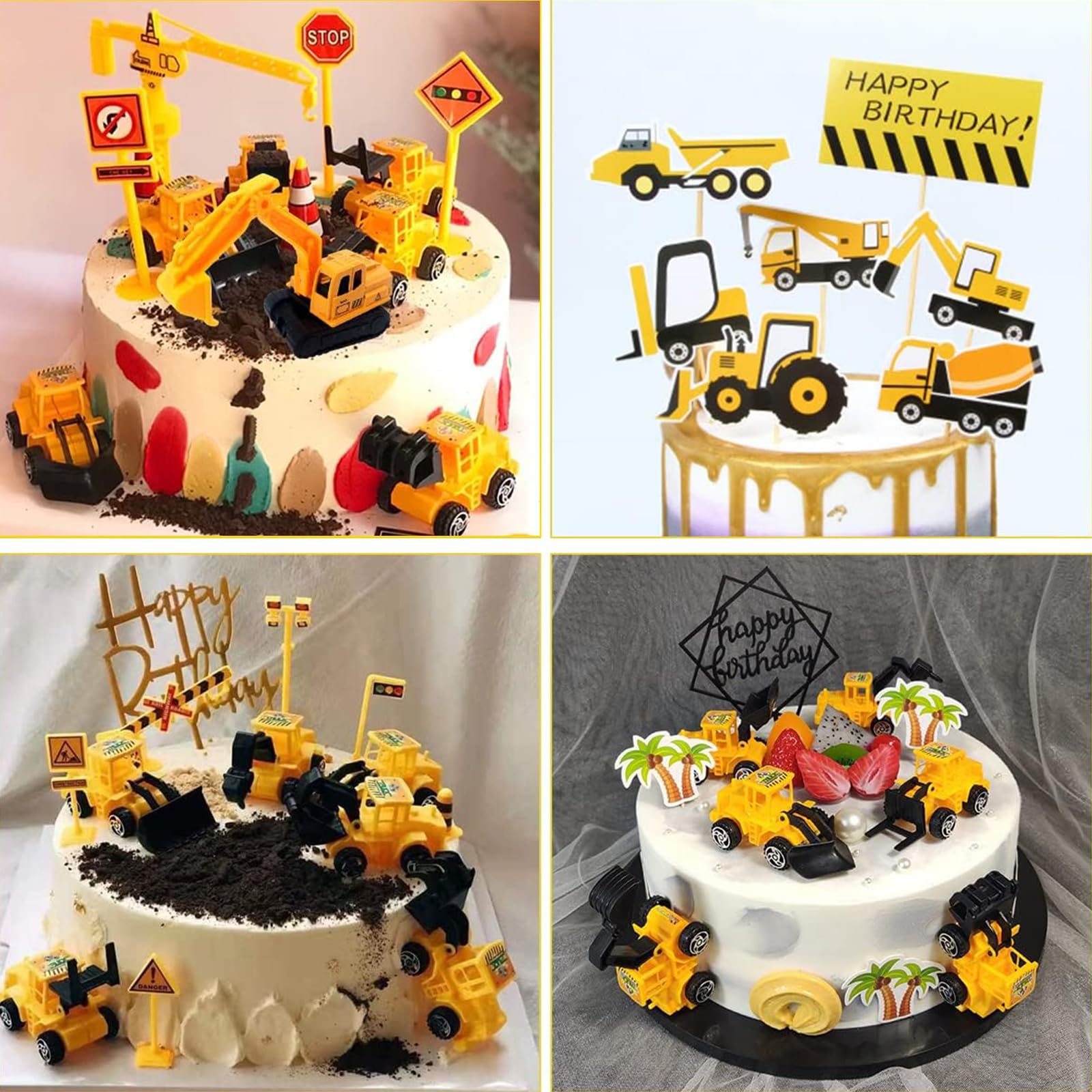Huanmin Party graafmachine, taartdecoratie bouwplaats, taartdecoratie kinderverjaardag, bouwplaats, kindertaartdecoratieset, verkeersborden kinderen, graafmachine, decoratie, cake, minigraafmachine