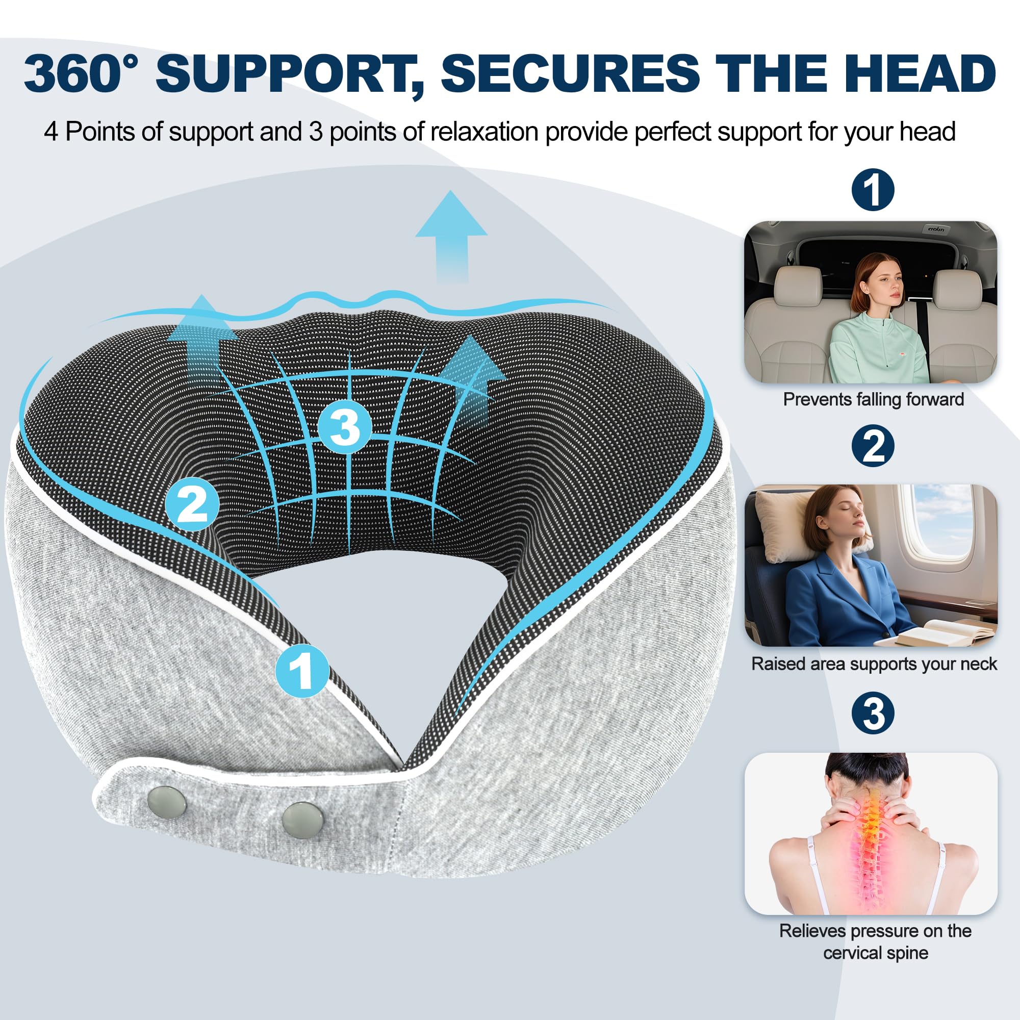 Chumix Cuscino Aereo Viaggio, Pieghevole Regolabile Cuscino da Viaggio Memory Foam con Mascherina per Dormire 3D e Contenitore in EVA, Travel Pillow con Gancio Adatto per Aerei (Grigio chiaro)