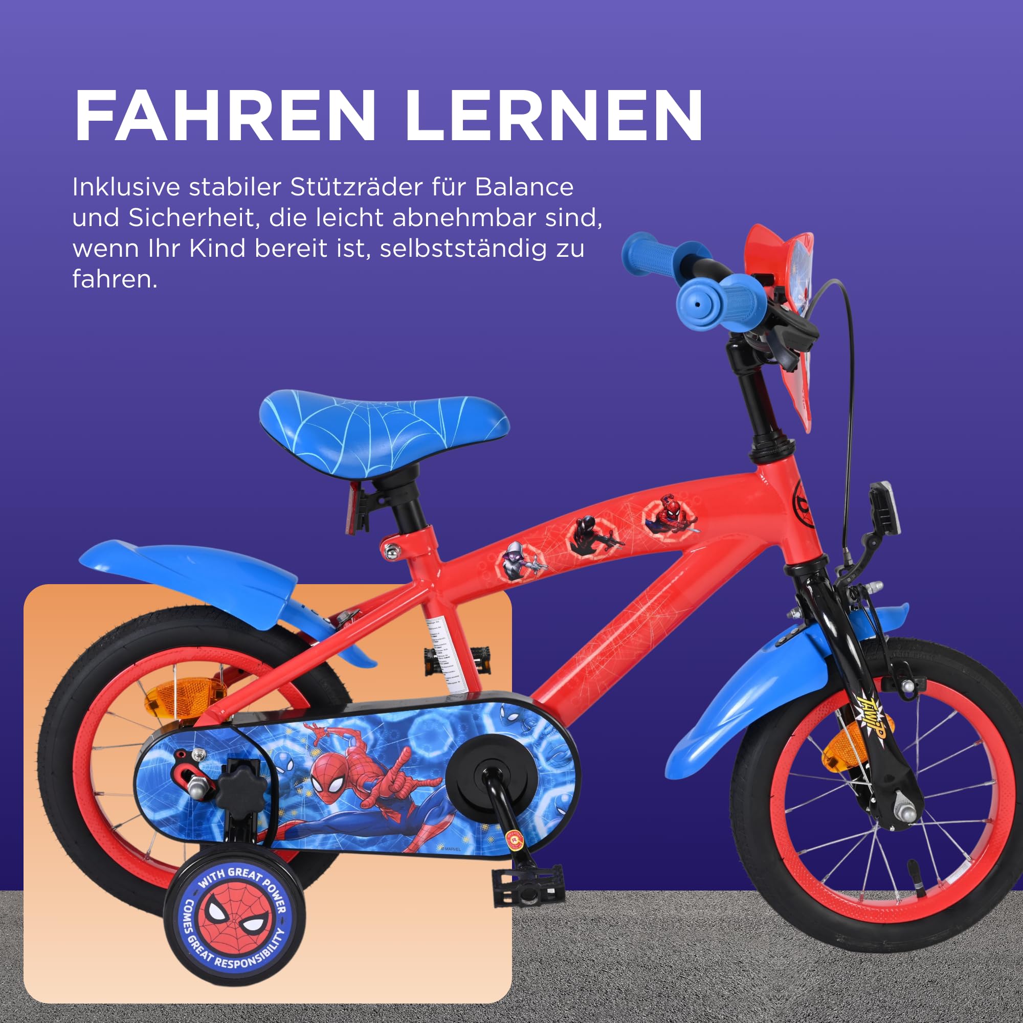 Volare Spider-Man Kinderfahrrad 14 Zoll | 3,5–5 Jahre | Hand- & Rücktrittbremse, Stützräder, Kettenschutz, Reflektoren | Verstellbarer Sattel | Geschenk für Jungen & Mädchen