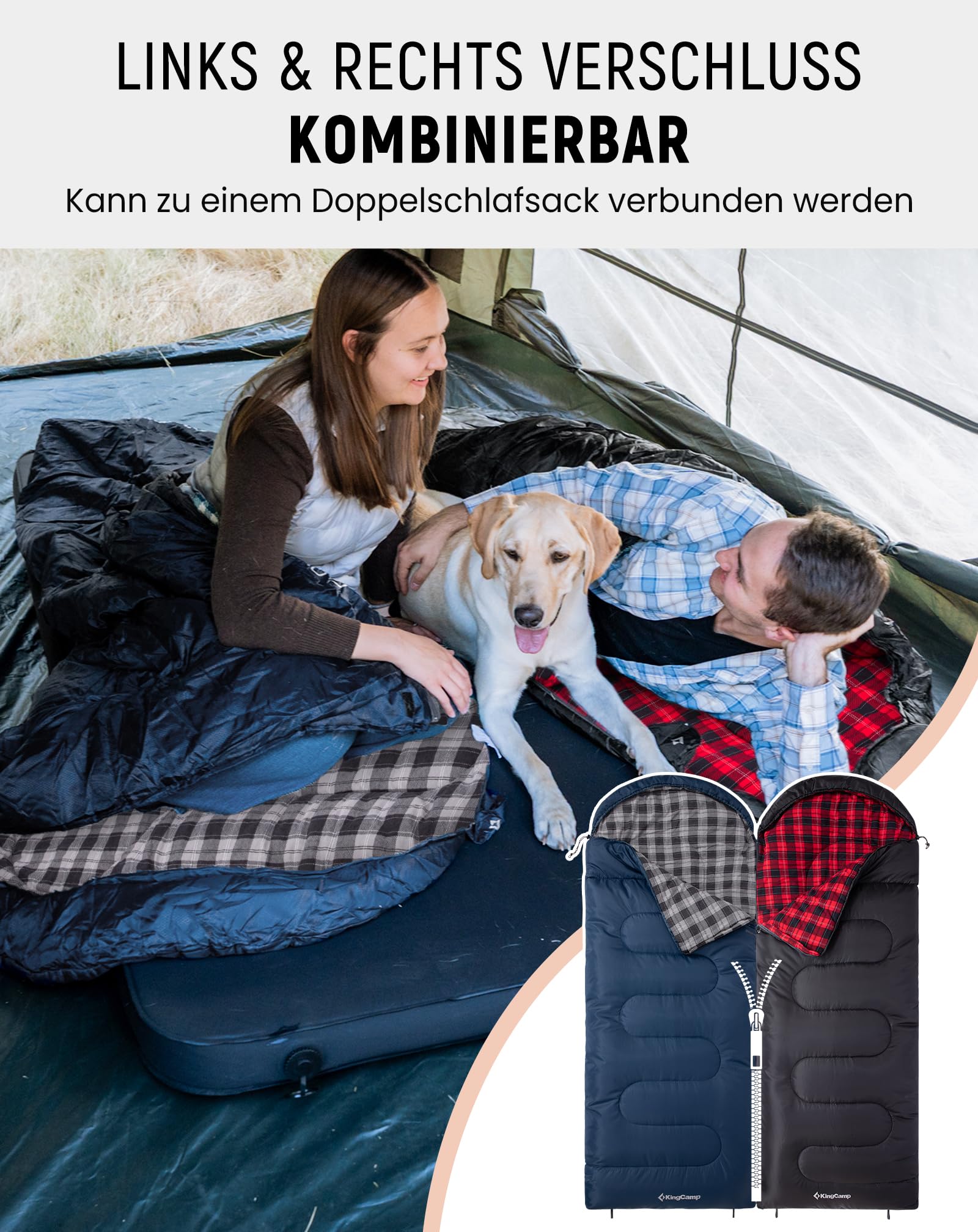 KingCamp Schlafsack für Erwachsene, Winter, Flanell, kompakt, 3-4 Jahreszeiten, Decke für Camping, Reisen, Zelte, Wandern, Outdoor, Indoor, 4 ℃ bis -15 ℃/230 x 90 cm