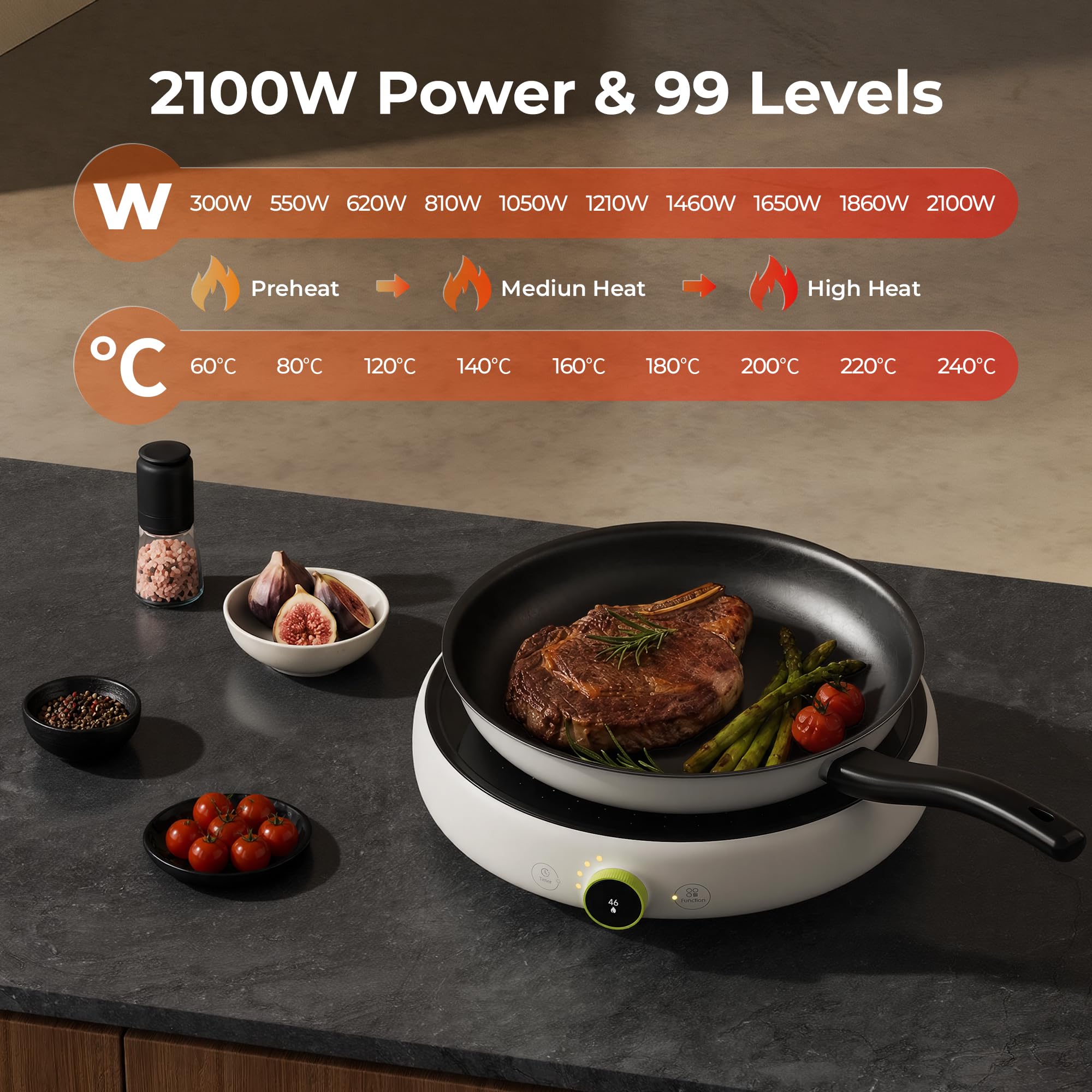 TOKIT Induktionskochplatte 2100W Tragbar – Runde Induktions-Einzelkochplatte/Standalone Kochfeld 1 Zone, 99 Stufen Drehregler OLED, 4h Timer, Topferkennung, für Küche Büro Camping Wohnmobil