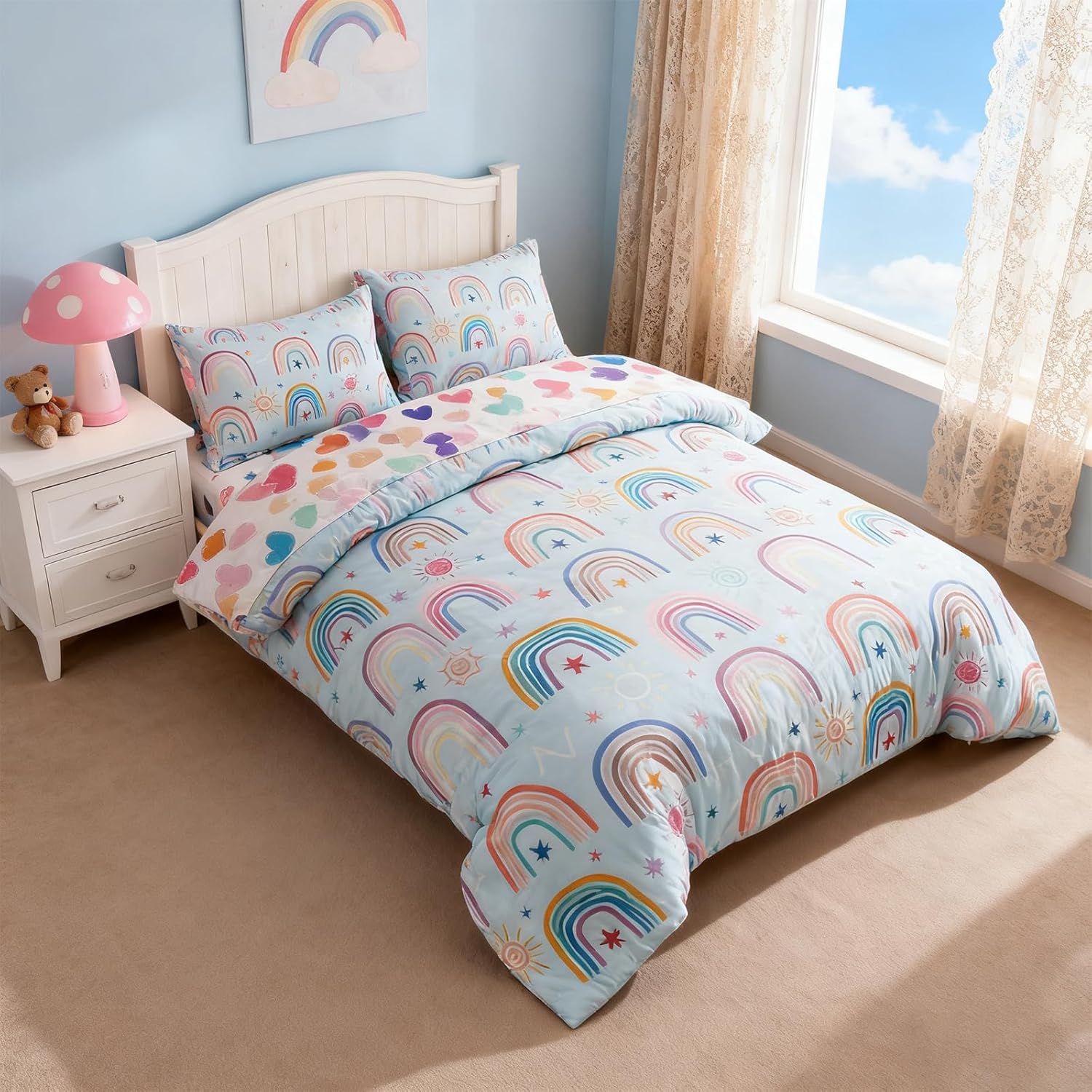 Holawakaka Boho Rainbow Twin Comforter Set with Sheets, 5-Piece Bohemian Love Heart Star Bedding Set for Girls & Women -Super Soft Microfiber Kids Teen-Girls Twin Size Blue Reversible Bed-in-a-Bag