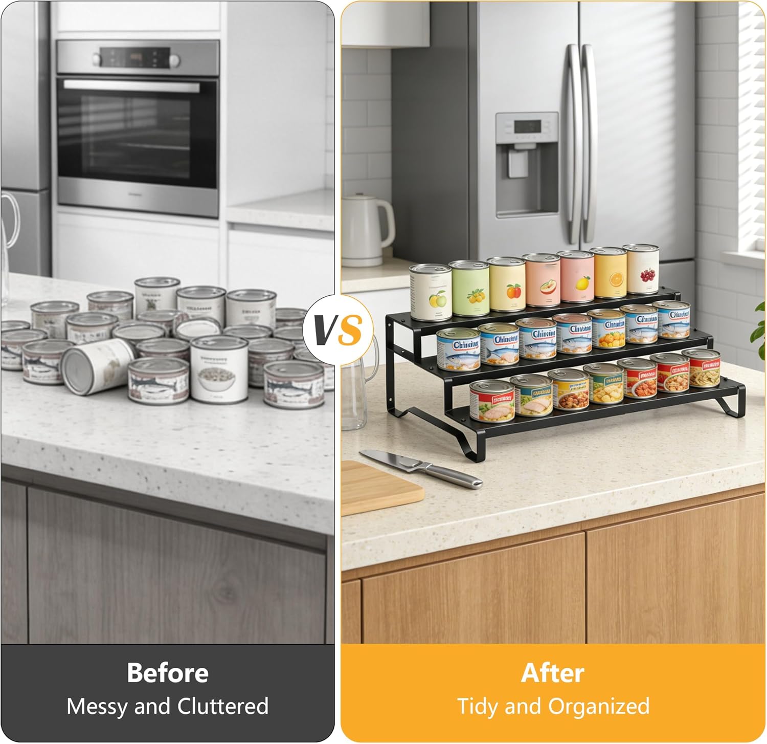 Attelite 3 Tier Expandable Can Rack Organizer for Pantry, Adjustable 13"-21" Metal Soda Can Organizer, Pantry Organization Canned Food Storage Holder for Kitchen Cabinet Countertop, Black 1Pack