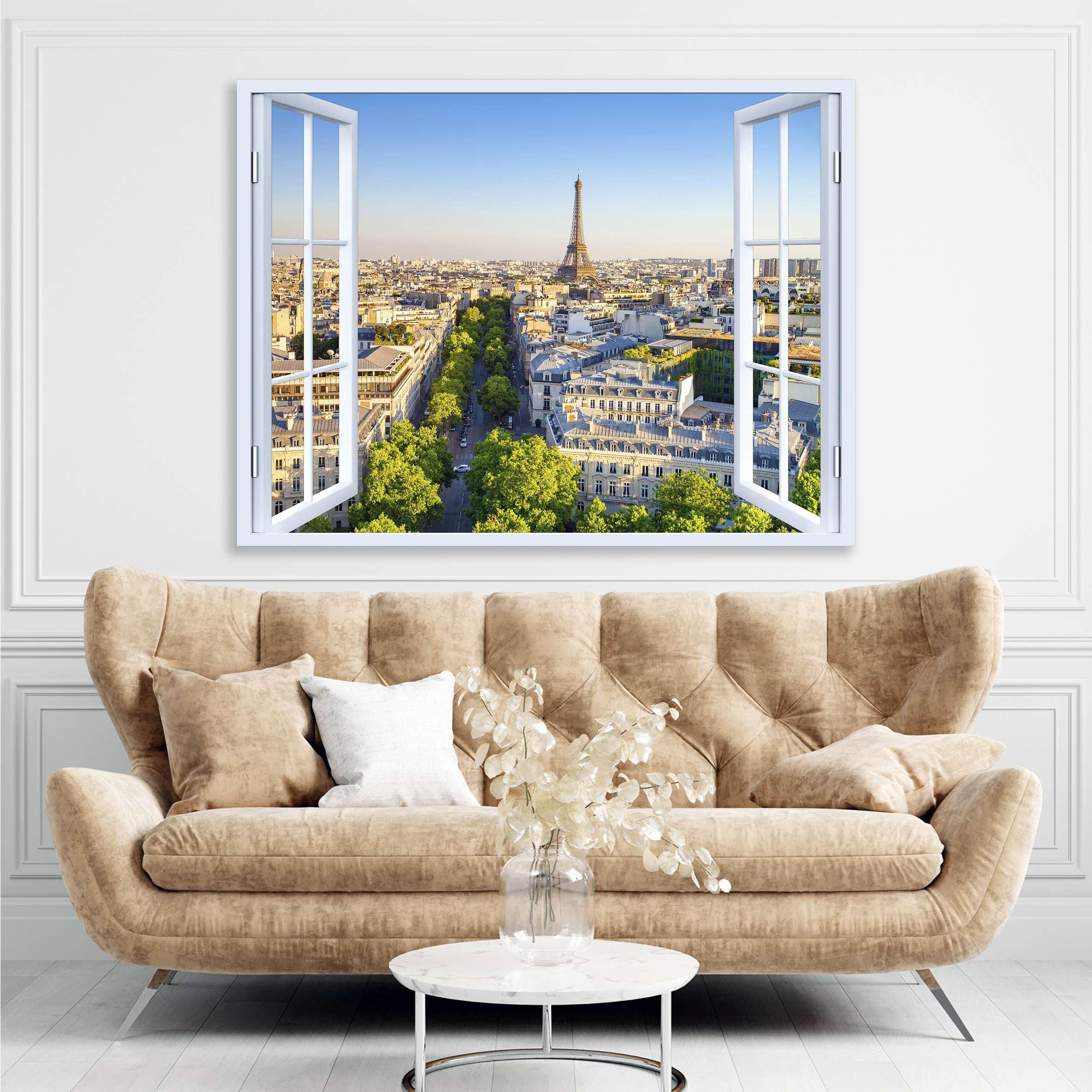 Quadro finestra panorama Parigi Torre Eiffel - stampa su tela con telaio in legno - 120x80 cm