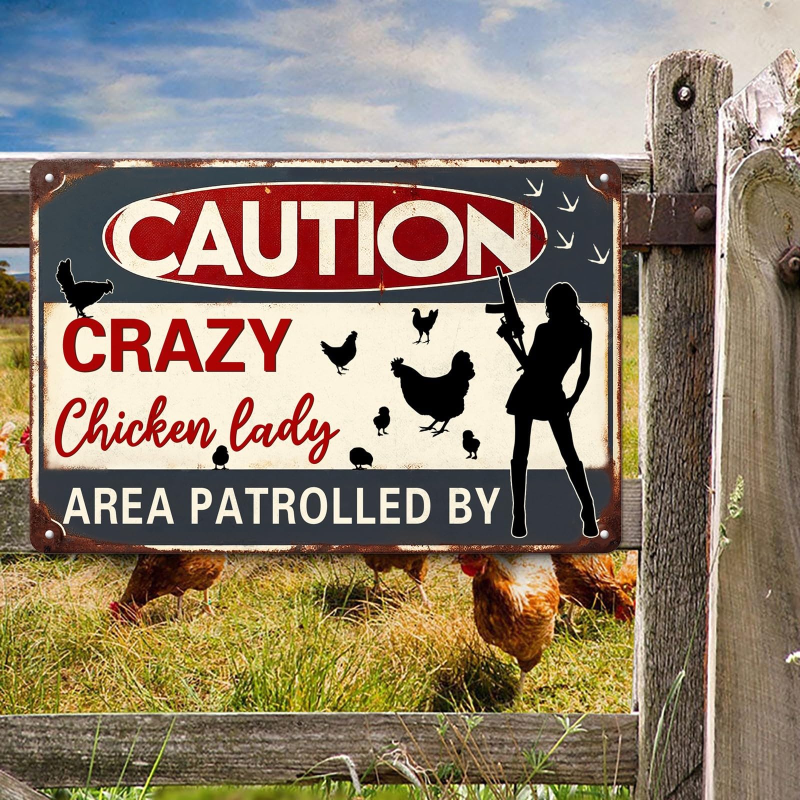 Cartello Divertente In Alluminio "Area Patrolled By Chicken Lady" - 20x30 Cm, Antiruggine, Per Esterno E Fattoria - 2