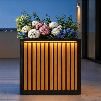 GSK Rectangular Metal Planter with Led Light Wood Look Indoor Outdoor