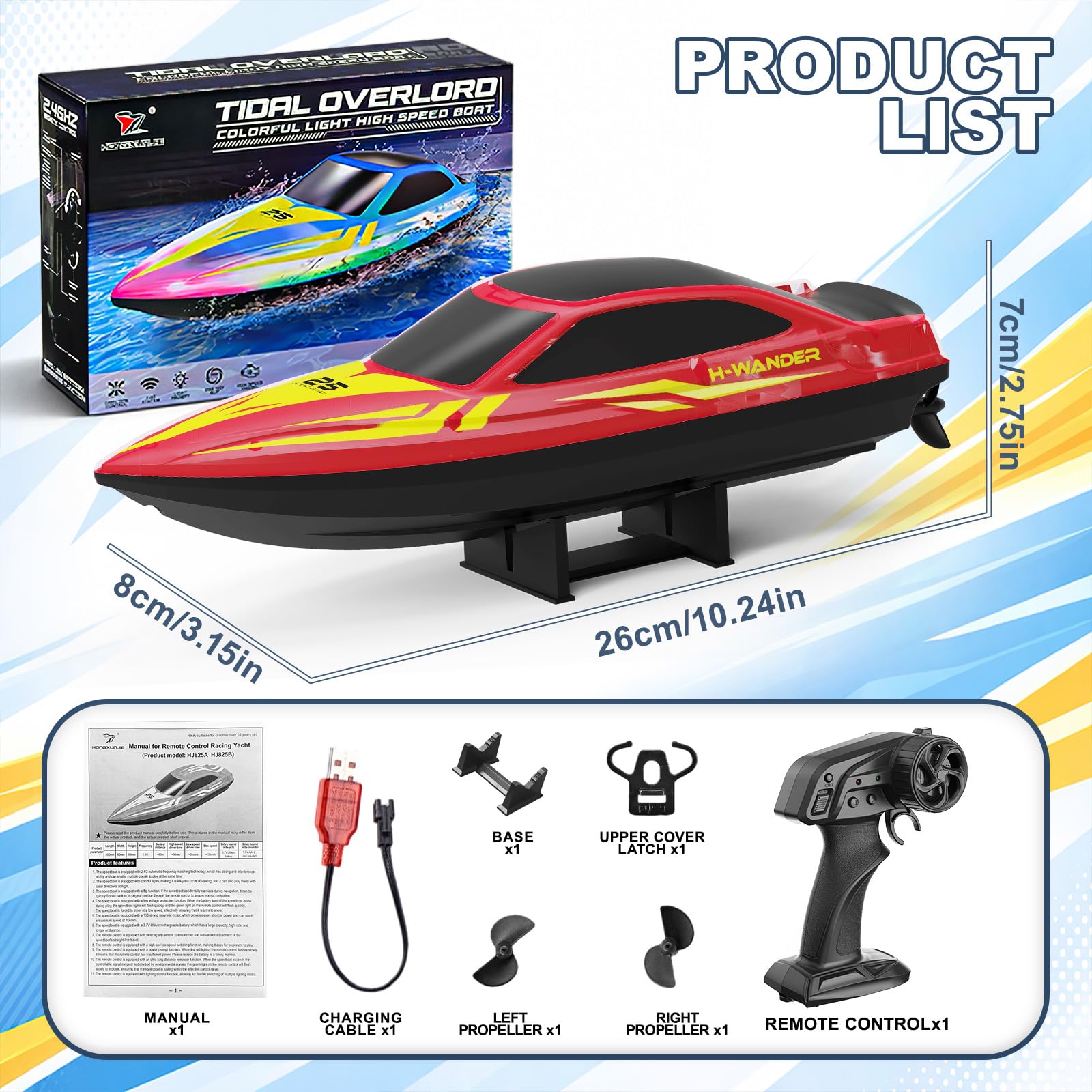 Barco Teledirigido RC con Luces LED 7 Modos,hasta 15 km/h, Control Remoto 2.4GHz, Auto Flip y Alerta de Batería Baja y Distancia,2 Baterías,Barco RC para Piscina y Lago,Regalo para Niños y Niñas.—Rojo