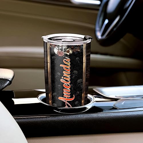 Miniatura 4 de Vaso de calavera personalizado estilo dibujo de madera, nombre personalizado, doble pared al vacío, 20 onzas, 30 onzas, taza de viaje de acero