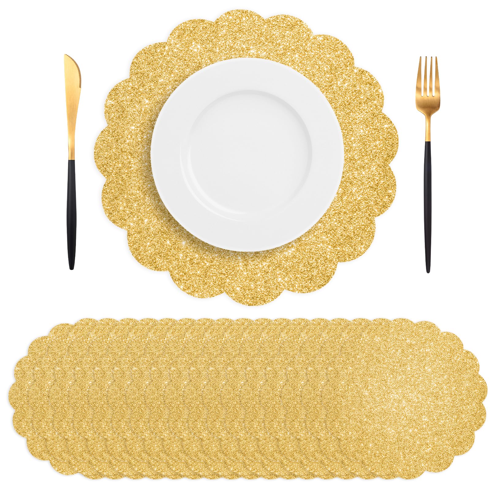 50 manteles individuales desechables color dorado claro, manteles individuales festoneados desechables de 13.5 pulgadas, para cumpleaños, boda, vacaciones, fiesta, hogar, comedor, vajilla