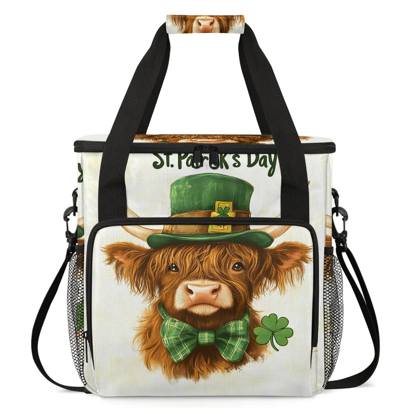 Adornori Highland Cow St. Patrick's Day Coffee Maker Carring Bag, Large Insulated Storage Organizer Case Tote Bags with Shoulder Strap for Travel Work Picnic