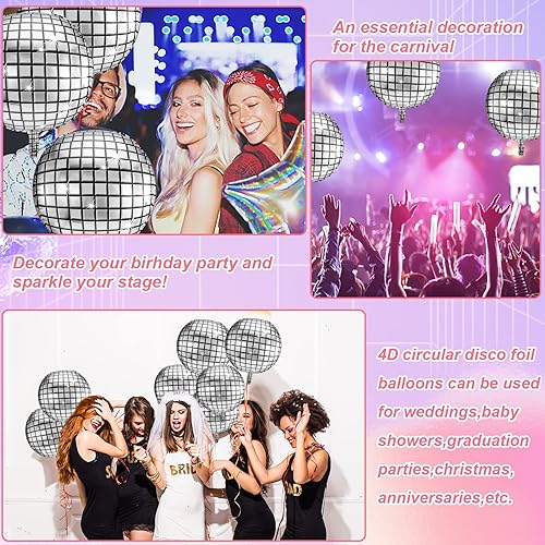 Miniatura 7 de 20 globos de bola de discoteca, globos de discoteca 4D de 22 pulgadas, globos redondos de papel de aluminio, globos de espejo metálico
