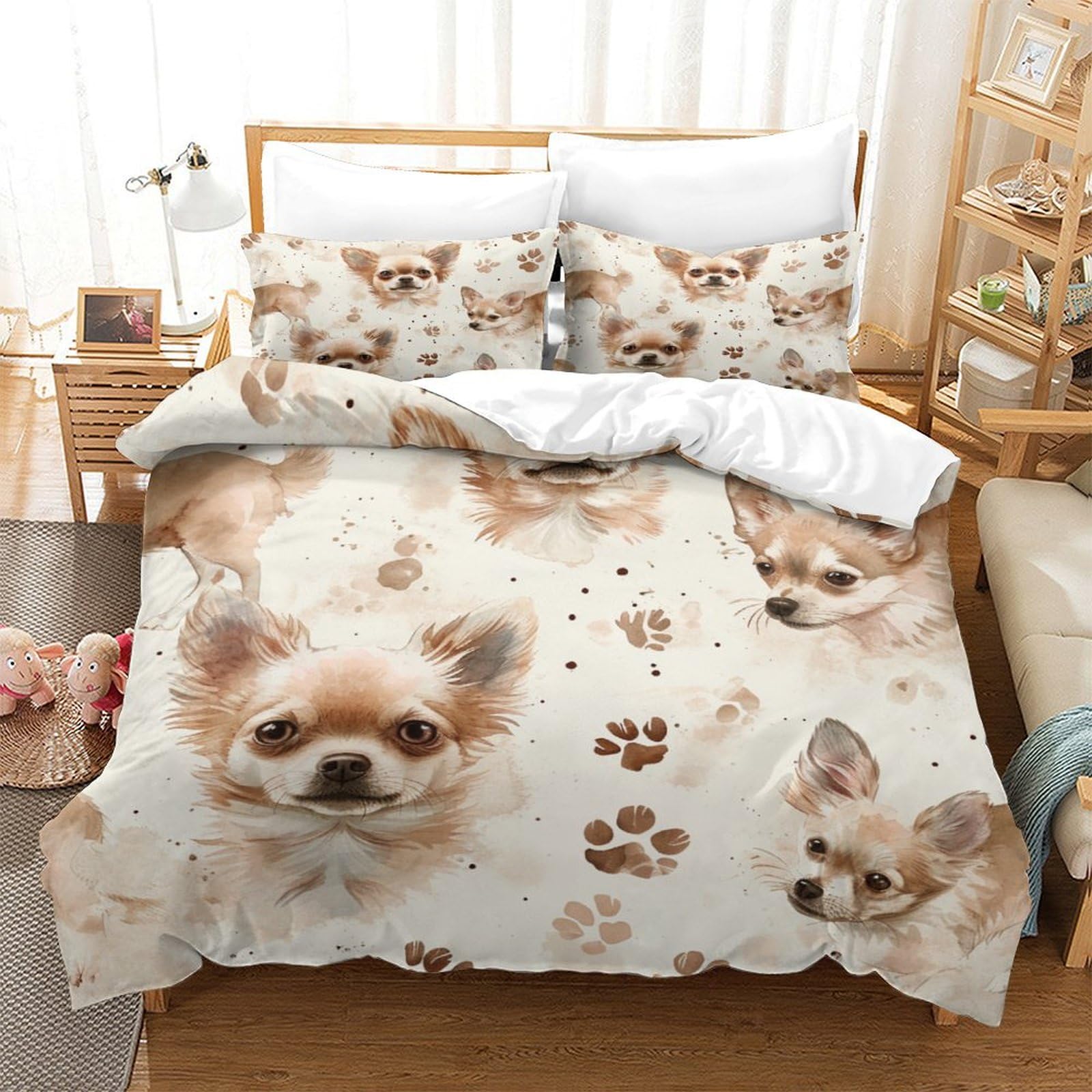 Tnfhsoft Chihuahua Duvet Cover Set 3D Printed Bedding Quilt Cute Dog Cover Set 3 Pieces Soft Microfiber Bedding Quilt Cover With Zipper Closure For Teens And Adults King（220X240cm）