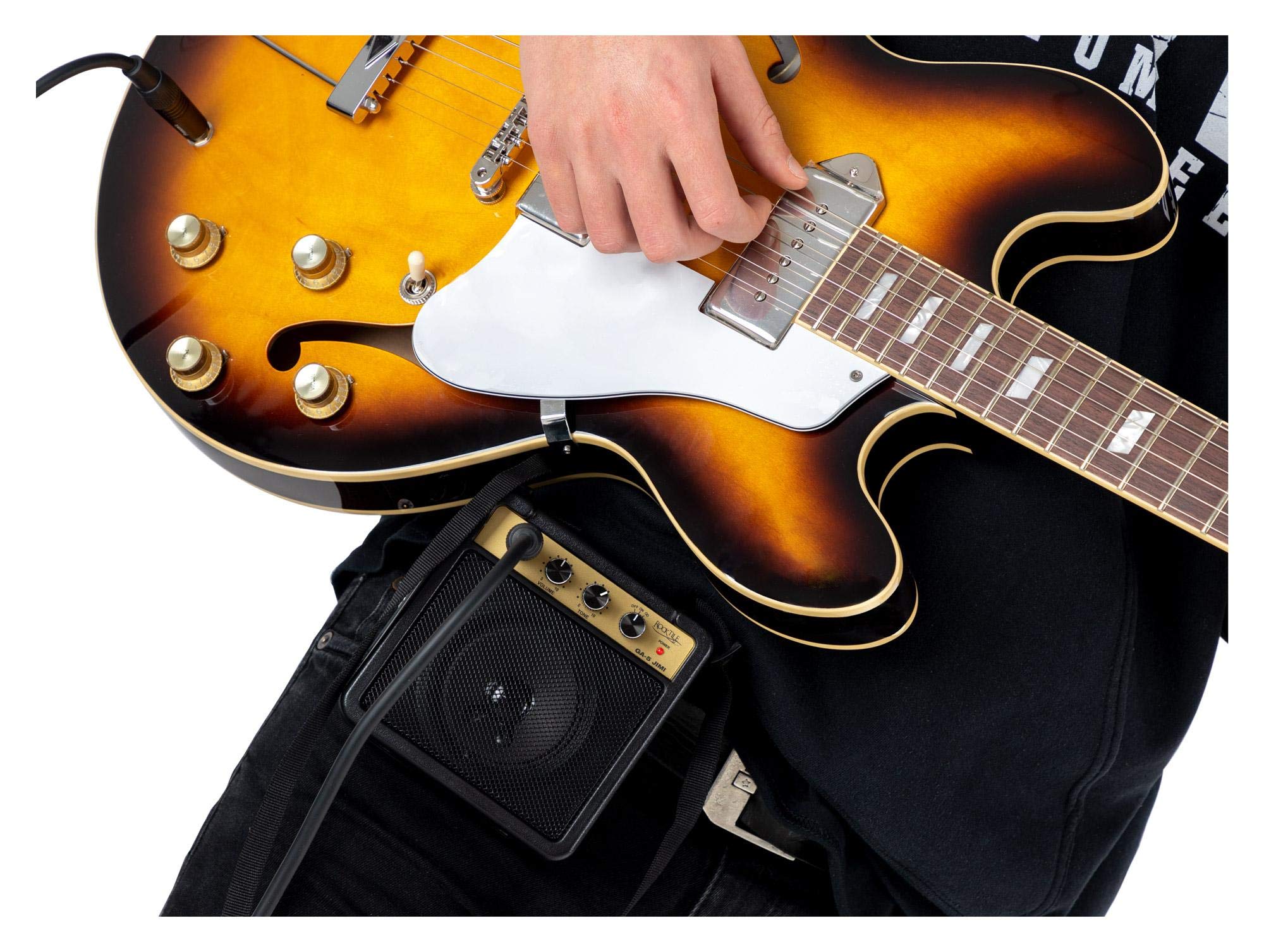 Rocktile GA-5 Jimi Mini-Gitarrenverstärker (5 Watt Batterieverstärker, mit Umhängegurt und Gürtelclip, Betrieb mit Batterie oder Netzteil möglich) schwarz