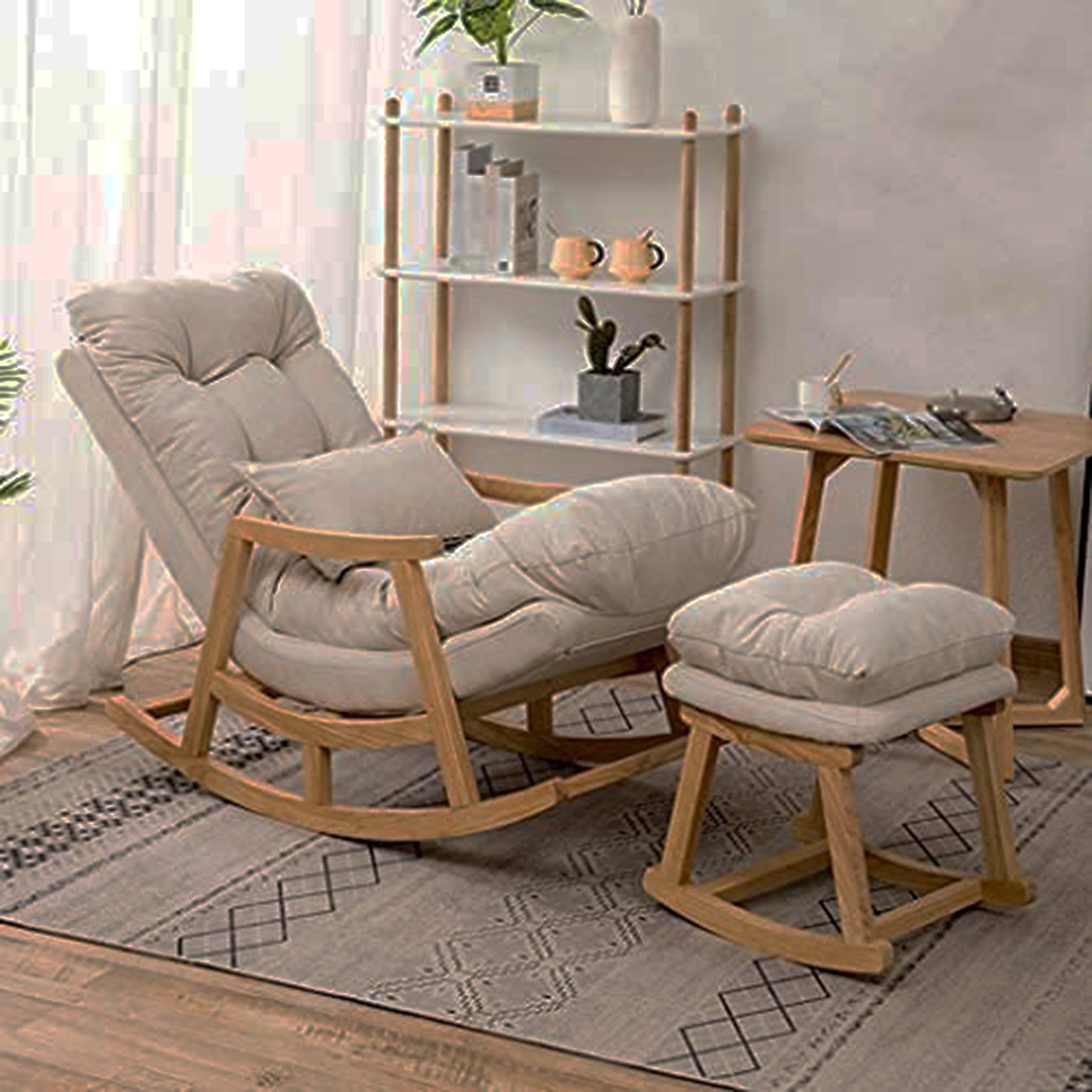 Comfortable Well Cushioned Rocking Chair with Footrest | Mid-Century Rocking Chair for All with Soft, Durable Cushioned and Quality Fabric for Home & Office (Beige)-image-2