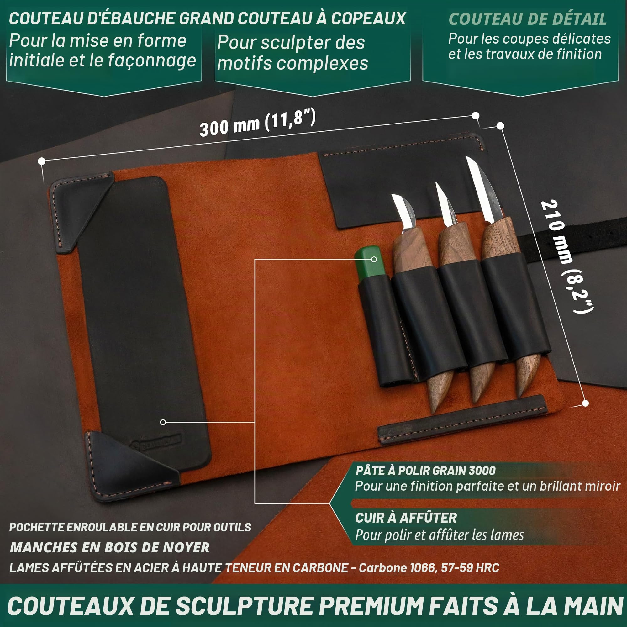 BeaverCraft Deluxe S15X Set de couteaux de sculpture sur bois avec étui en cuir - Kit de sculpture sur bois de qualité supérieure avec affûtage en cuir et pâte à polir