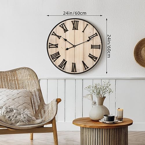 Miniatura 7 de MODE HOME Reloj de pared grande rústico de madera, reloj de pared de granja de madera de 24 pulgadas con números romanos tallados, reloj redondo