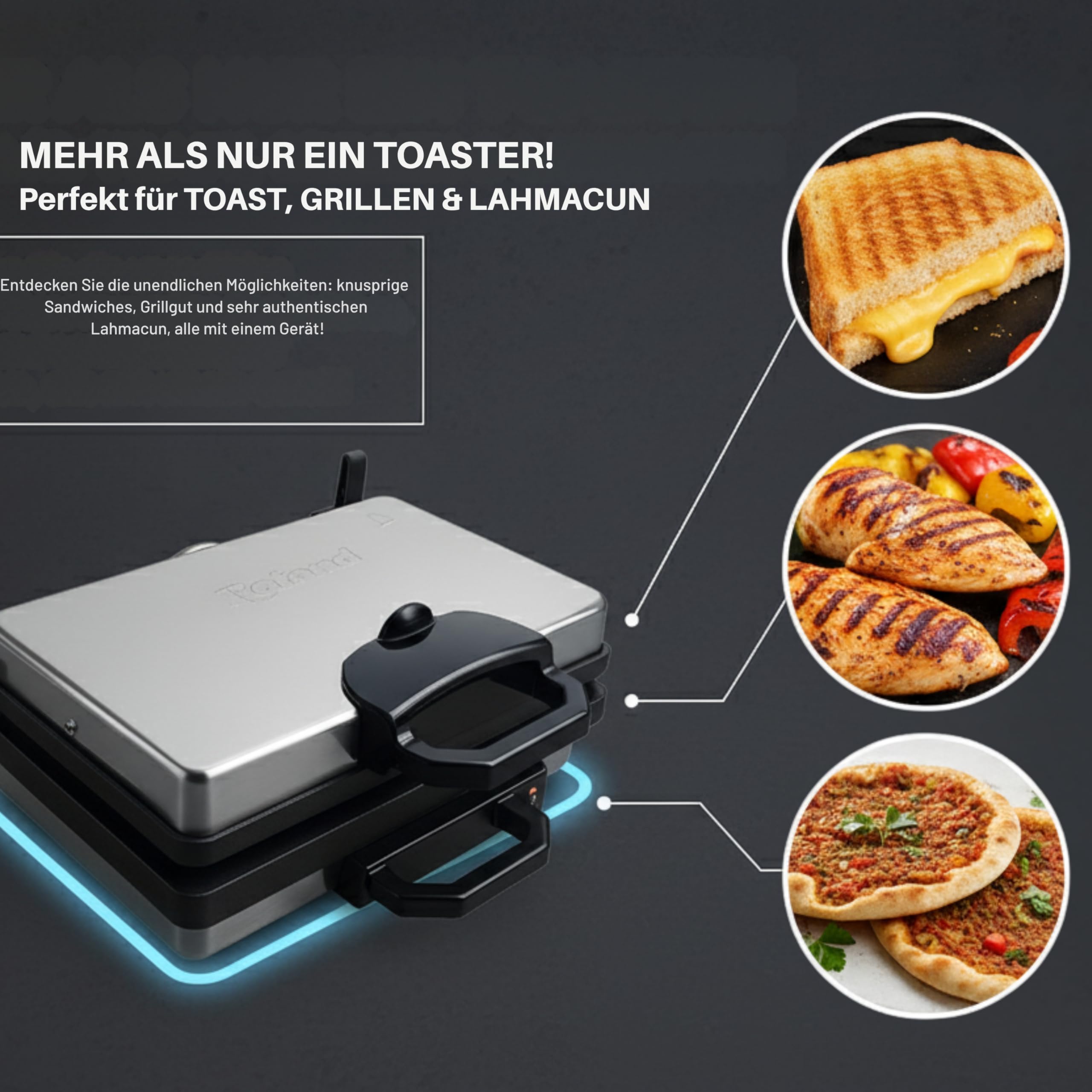 Multigrill, 2000W Elektro-Kontaktgrill, Schwarz, 340x220mm Grillplatten, 5-Stufen Temperaturregelung, für Lahmacun, Fleisch, Toast und Gemüse (1, Teflon)