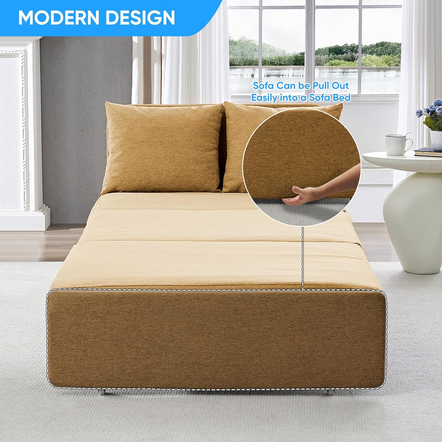 PUREMIND 43" Twin Pull Out Sofa Bed, Linen Convertible Couch Bed with Tri-Fold Hidden Mattress, No-Tool Assembly, Space Saving Sleeper Sofa for Guest Room Apartment Small Space, Yellow