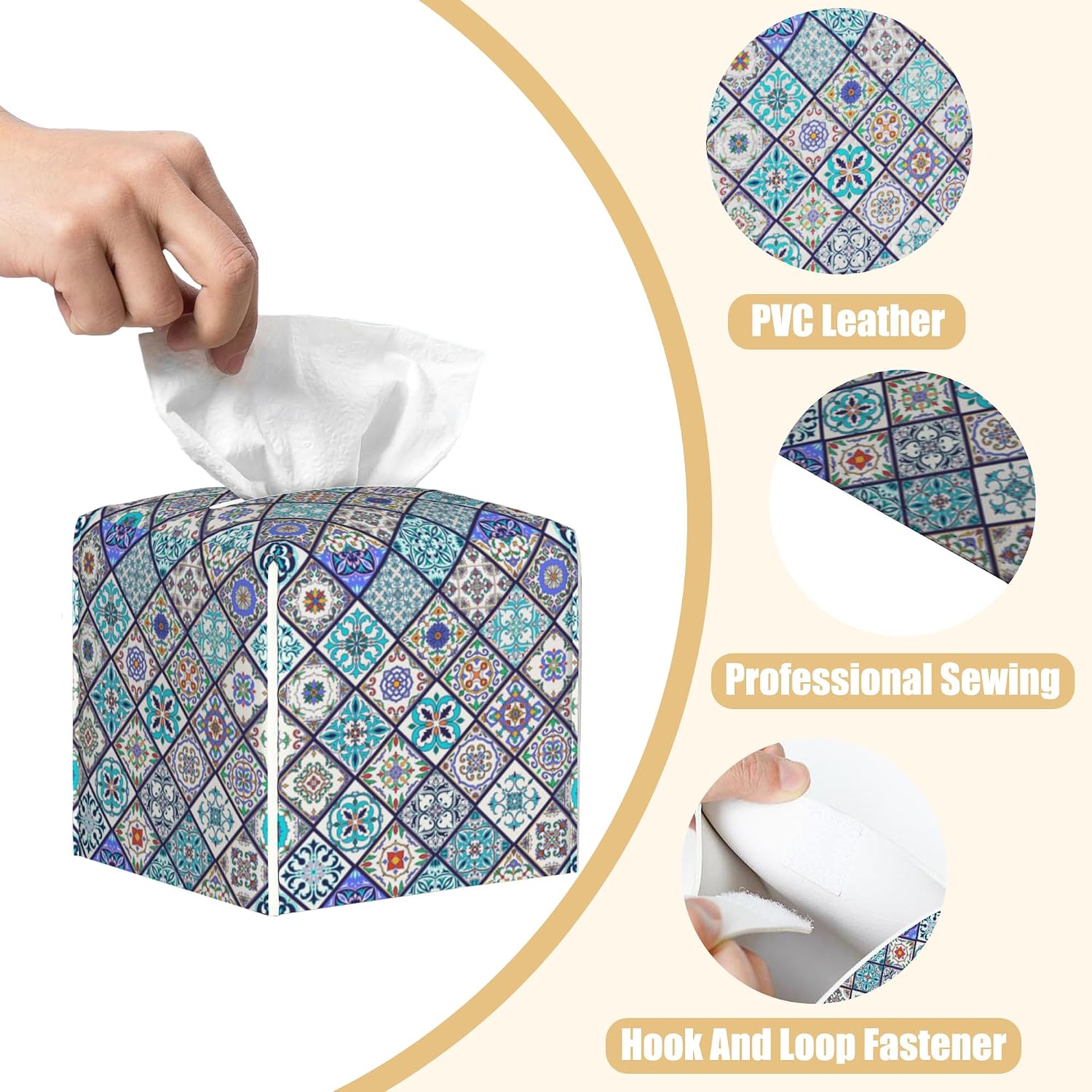 Square Tissue Box Cover Vintage Ceramic Tiles Tissue Box Holder Facial Cube Paper Dispenser Leather Decorative Organizer Home Office Desk Decor, 5.2"x5.2"x5.2" image 3