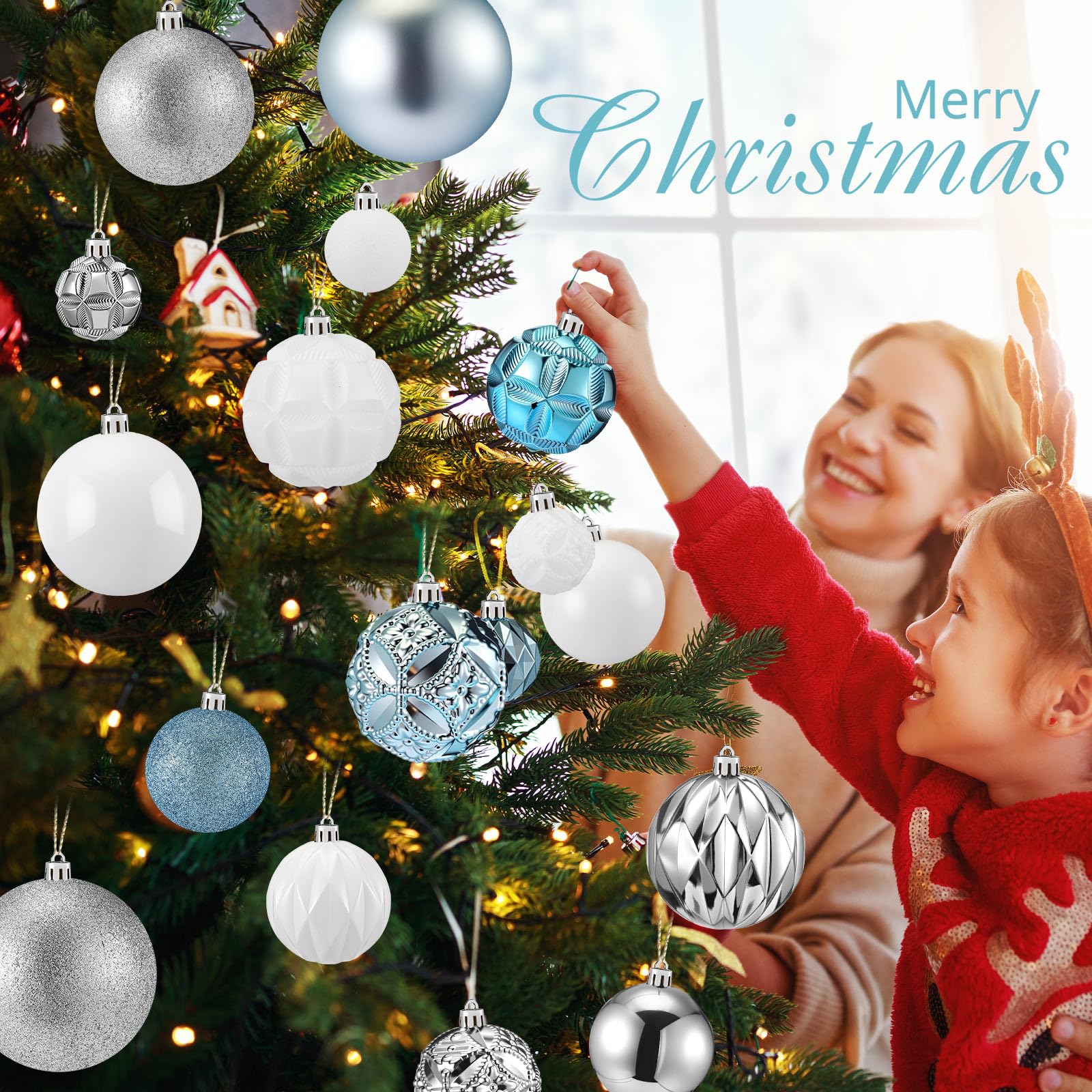 Soulchen Weihnachtskugeln-Set, mehrfarbig, bruchsicherer Kunststoff, hängende Kugeln in 4 Größen für Weihnachtsbaum-Dekoration (Blau, Silber, Weiß), 32-teilig