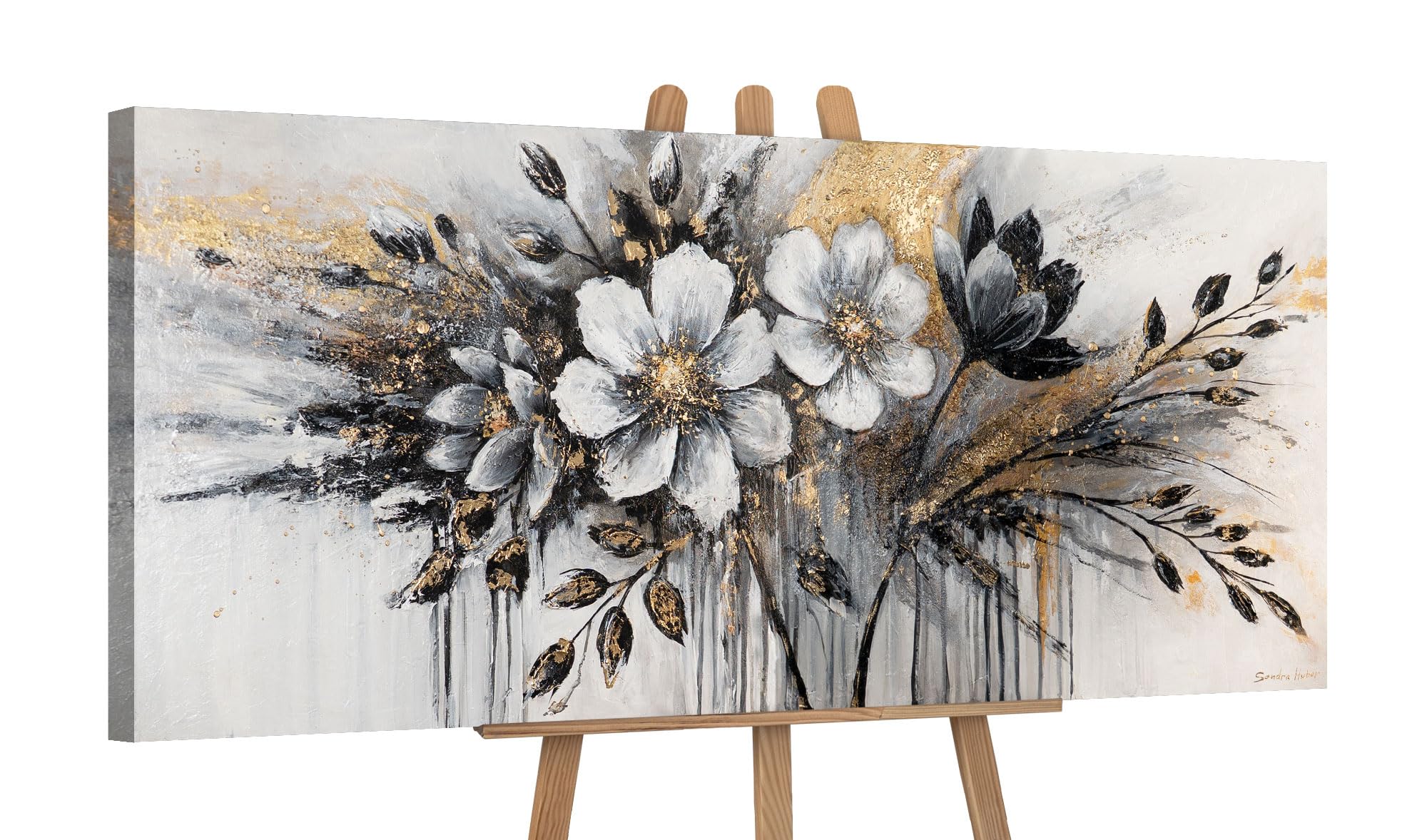 Ys The Glow Of Colors -Art Original Handmade Floral Landscape Painting – Black White Gold Abstract Flowers Wall Art For Living Room Bedroom Elegant Interior Decor 45X20 Inch
