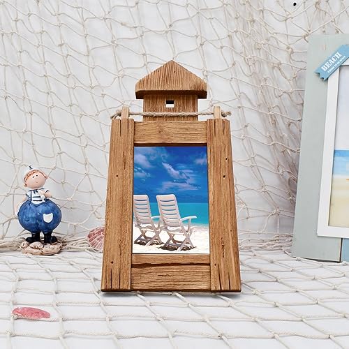Miniatura 2 de Marco de fotos de madera rústica de 4 x 6 pulgadas, decoración del hogar en la playa, marco de fotos con forma de faro náutico hecho a mano con