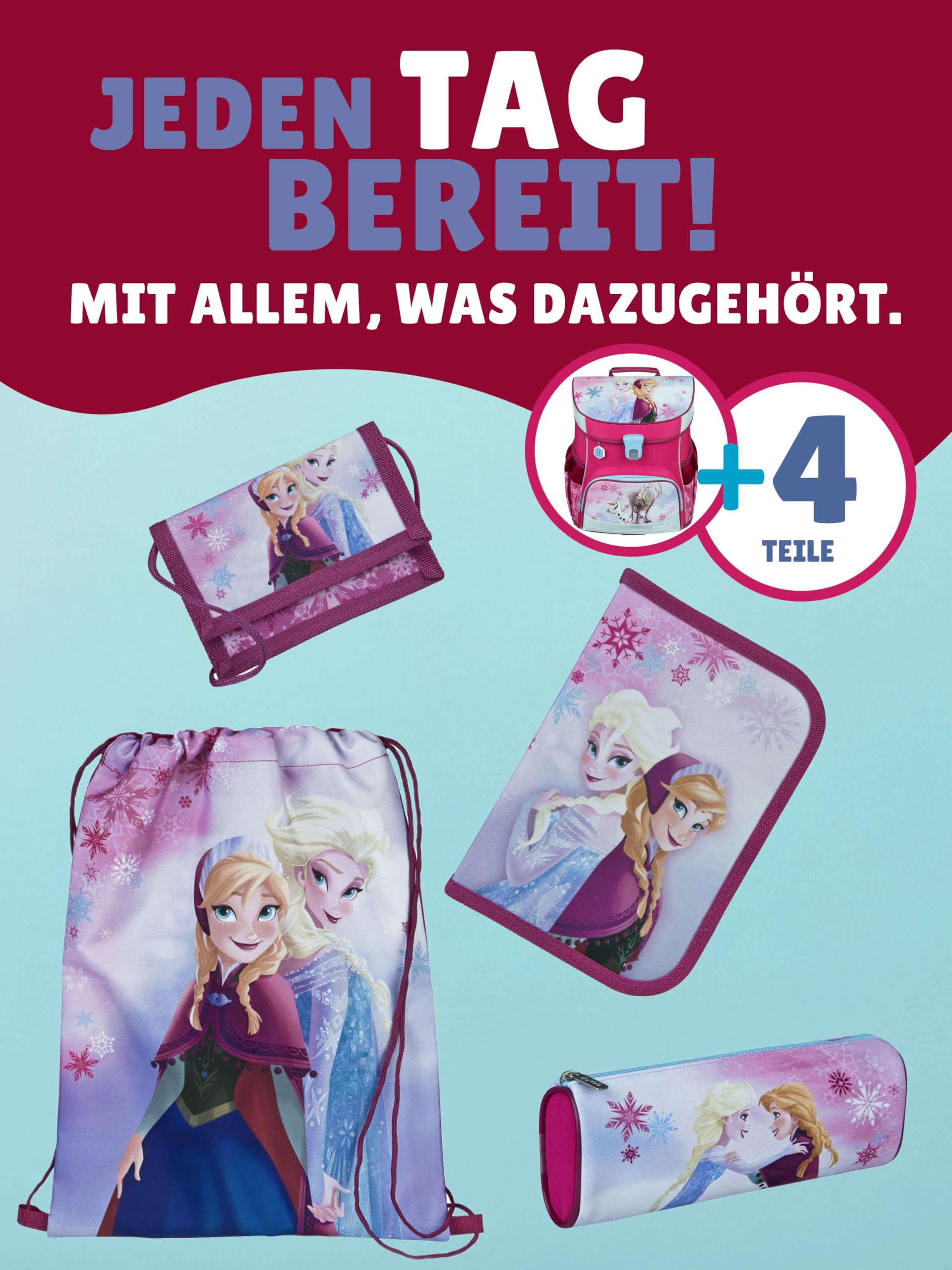 Familando - Scooli Campus Fit Schulranzen Set - 5-teilig mit Federmappe - Disney Die Eiskönigin (Frozen) - Ergonomisch, Stabil & 980g leicht - 18L Volumen - Brustgurt & Reflektoren - ab 1. Klasse