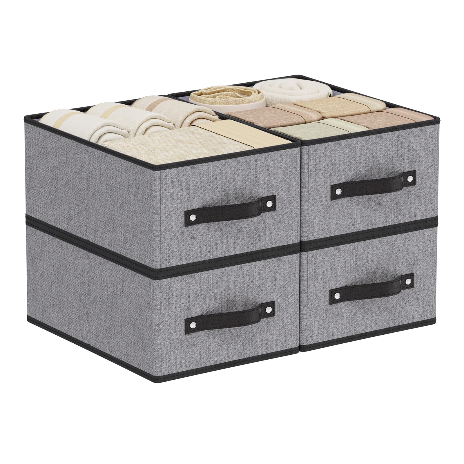 YheenLf Collapsible Storage Boxes, Open Foldable Baskets for Organizing with Handles, Fabric Containers Cubes for Wardrobe, Closet, Gray, 33×23×14cm, 4-Pack