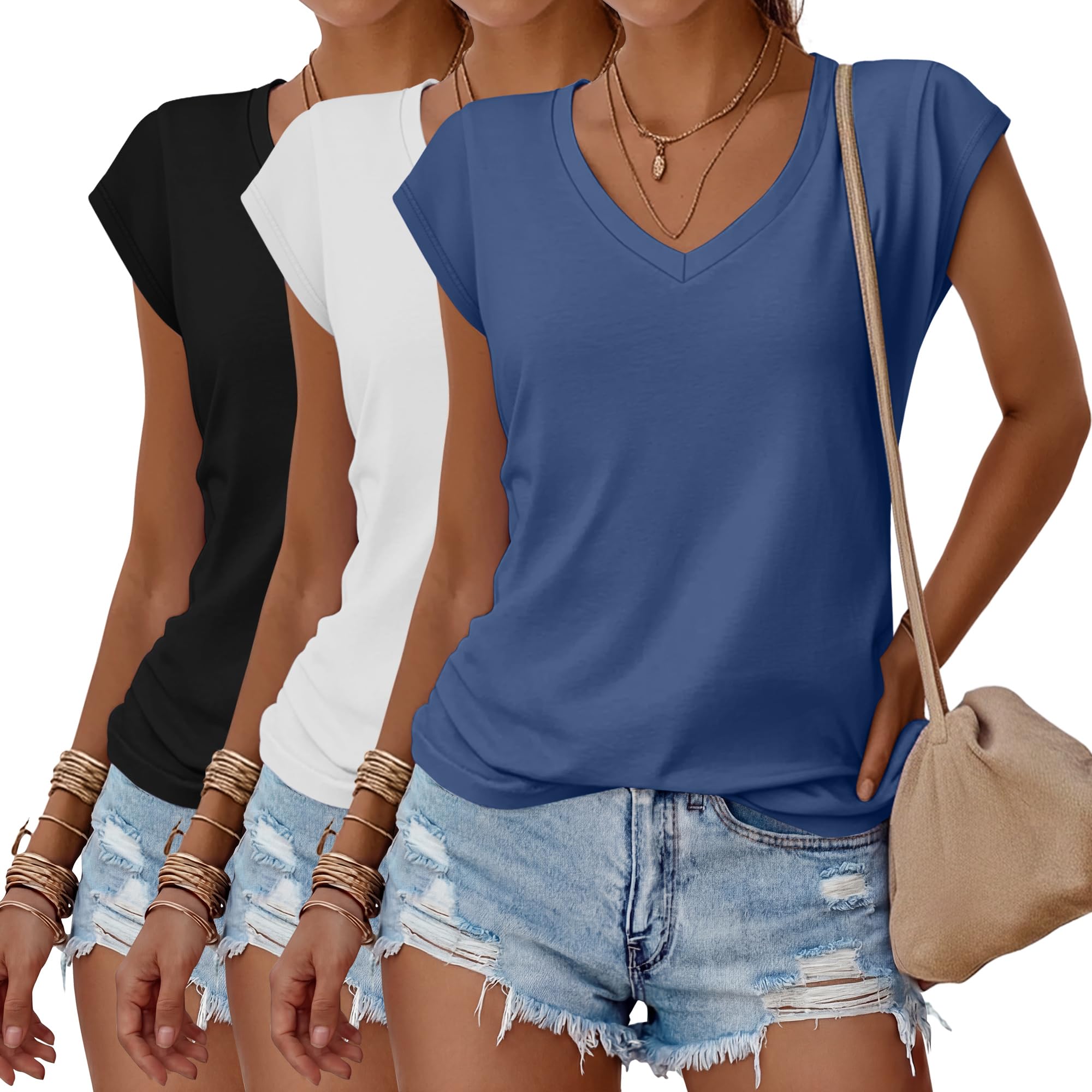 Huukeay 3 Pack Women's V Neck Short Sleeve Shirts | Soft but Sturdy Fabric, Roomy Drapey Fit, Cap Sleeve, Casual Summer Wear, Year-Round Wearable Style