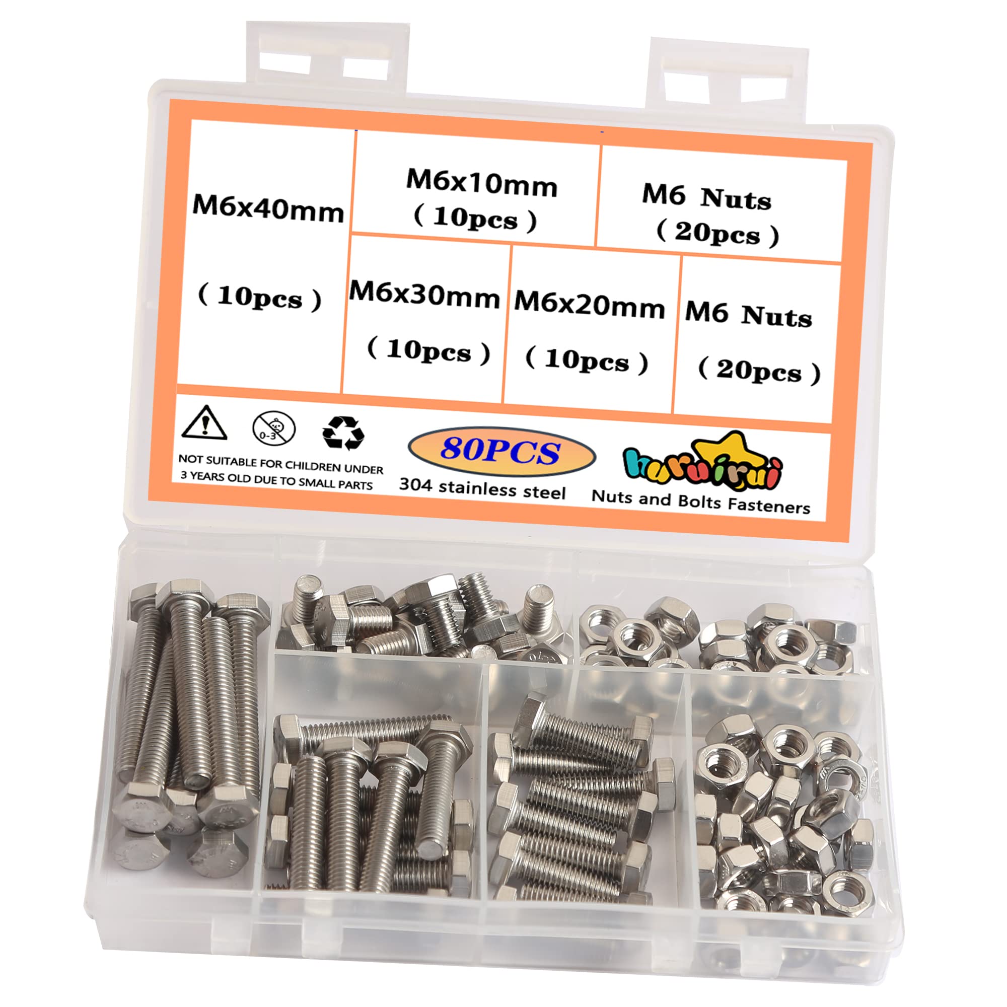 huruirui M6 Nuts and Bolts-304 Stainless Steel Screws and Nuts Set - Rustproof, Full Assortment of Hex Bolts Set for Durable and Perfect for Indoor and Outdoor Use 80PCS