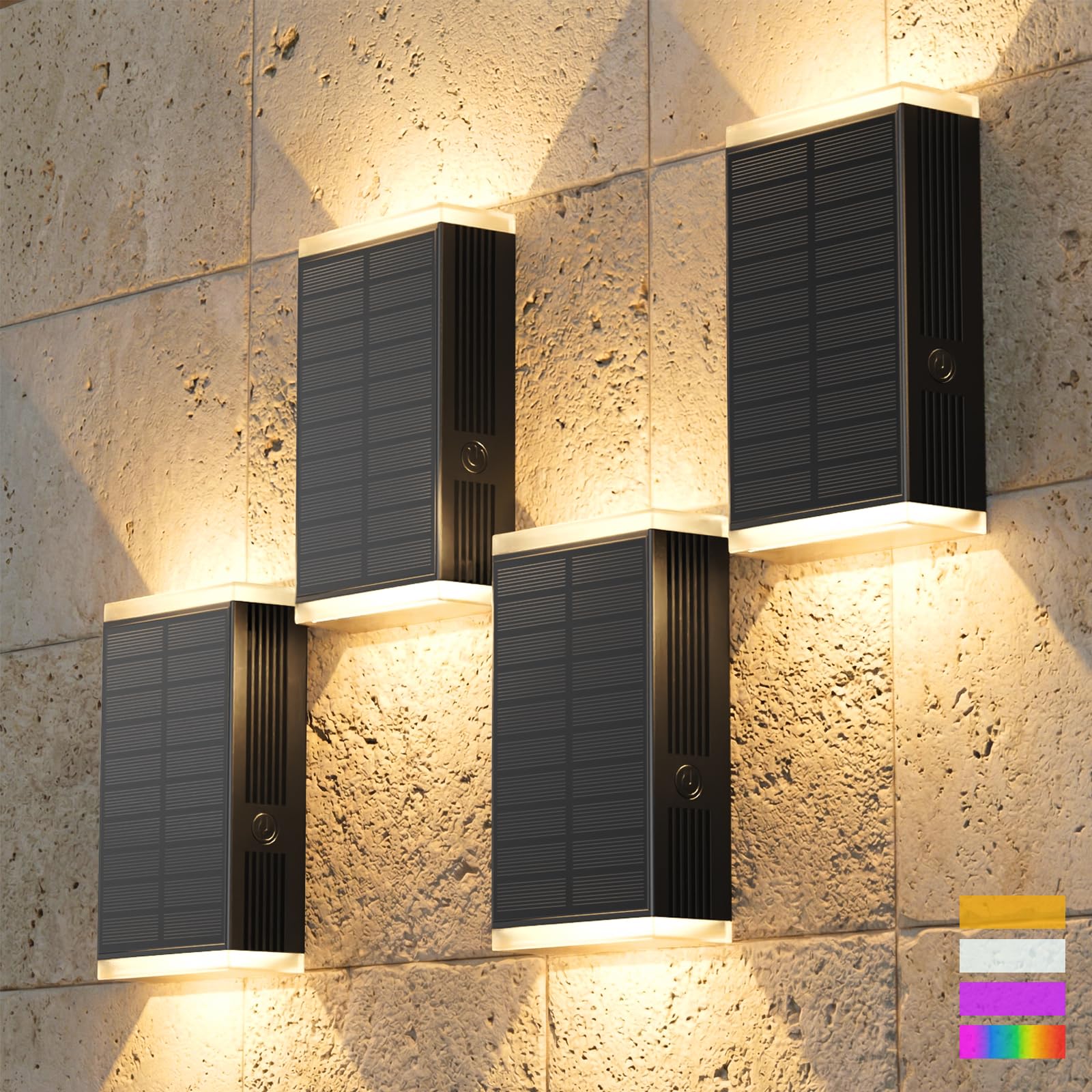 GBEAST Solar Wall Light Outdoor Solar Wall Light Outdoor Up and Down Lights Solar Light, 3000/4000/6000K & RGB 4 Modes, IP67 Decoration for Homes, Garages, Porches, House Entrances (4, Black)