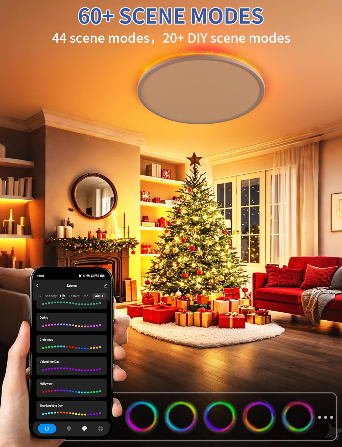 Smart Ceiling Light, RGB LED Flush Mount Ceiling Light with Remote，Ambient Lighting Fixture, 11 Inch 24W 2400LM 3000K-6500K, DIY Colors, Timer, White