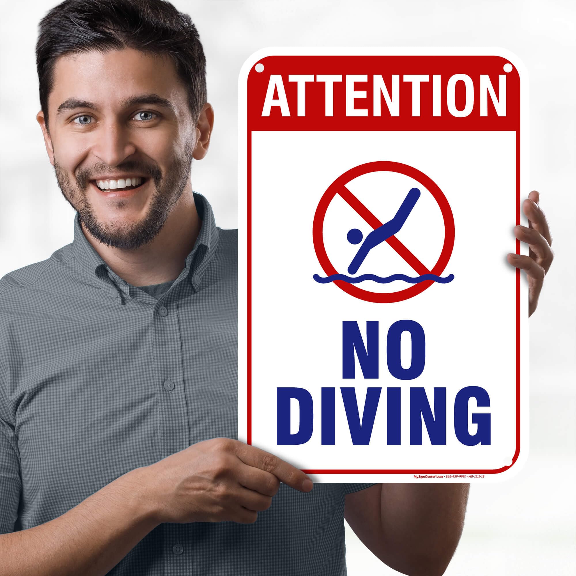 Attention No Diving Sign, 12x18 Inches, 55 mil thick HDPE (high density polyethylene), Made in USA by My Sign Center