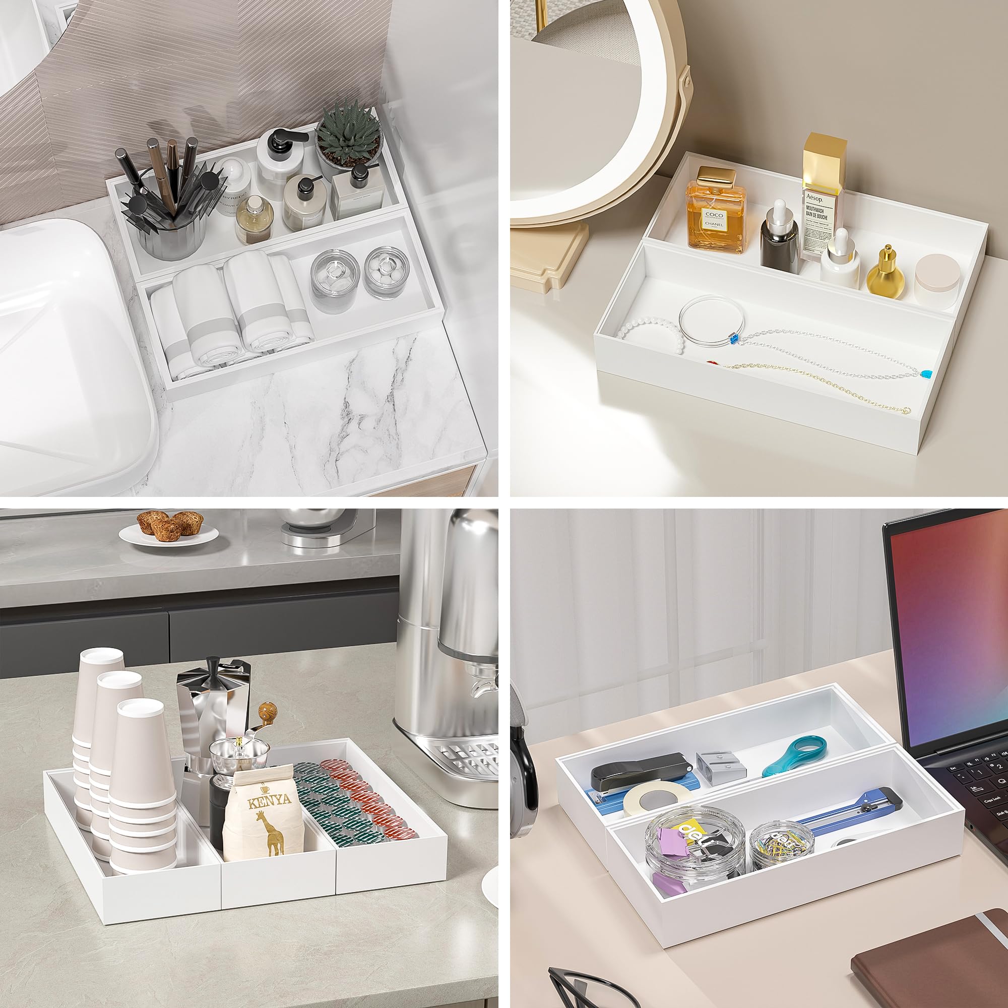 Almacenamiento de papel higiénico blanco, bandeja de bambú para organizadores y almacenamiento de baño, cesta de tanque de inodoro profundo, bandeja apilable de madera para decoración de