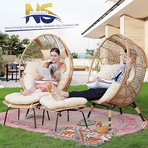 Miniatura 5 de NICESOUL Silla de mimbre con otomana, para interiores y exteriores, cesta de huevos con cojín, asiento de huevo de gran tamaño con patas de 440